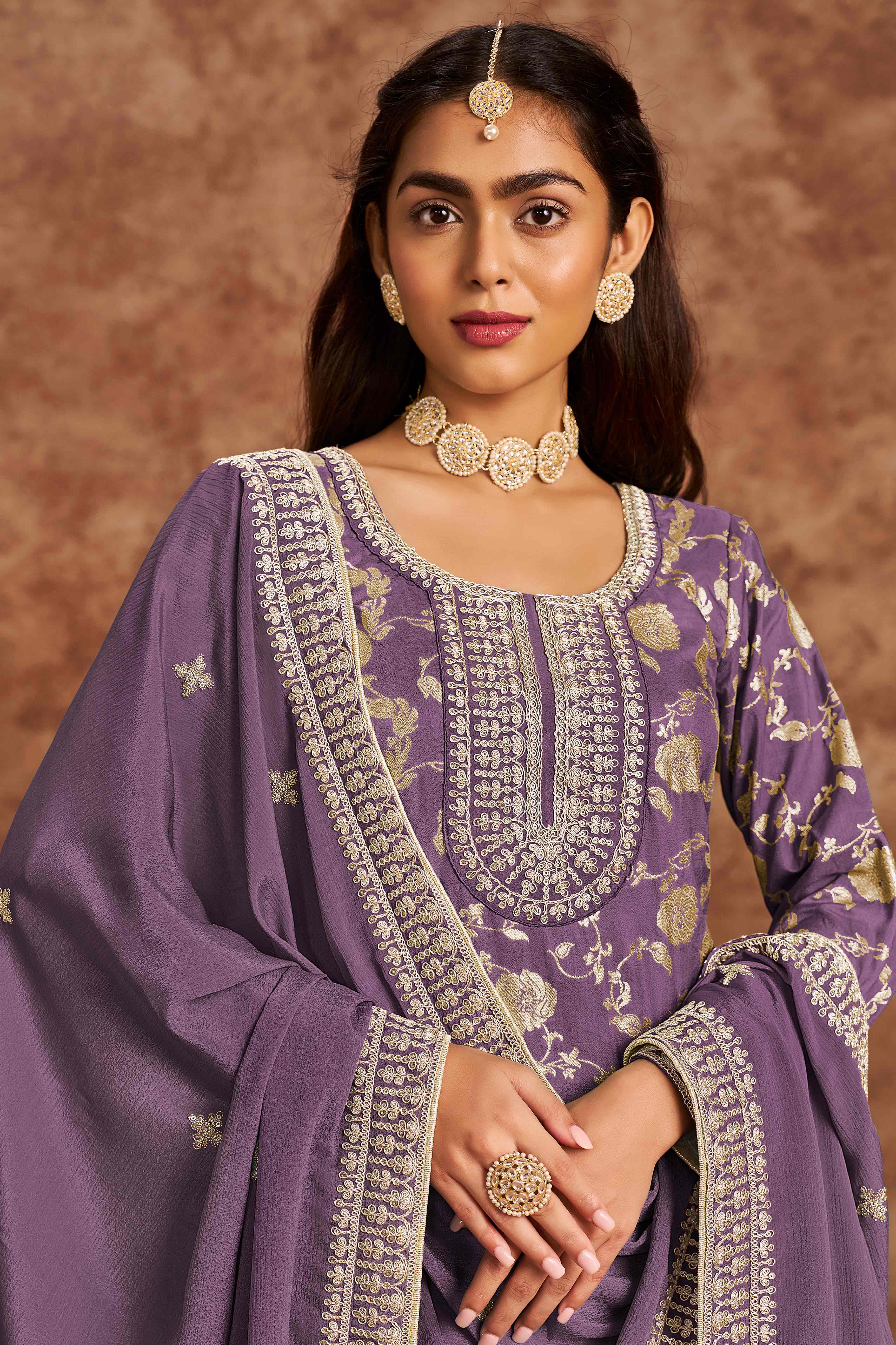 Purple Floral Woven Dola Silk Jacquard Dress Material