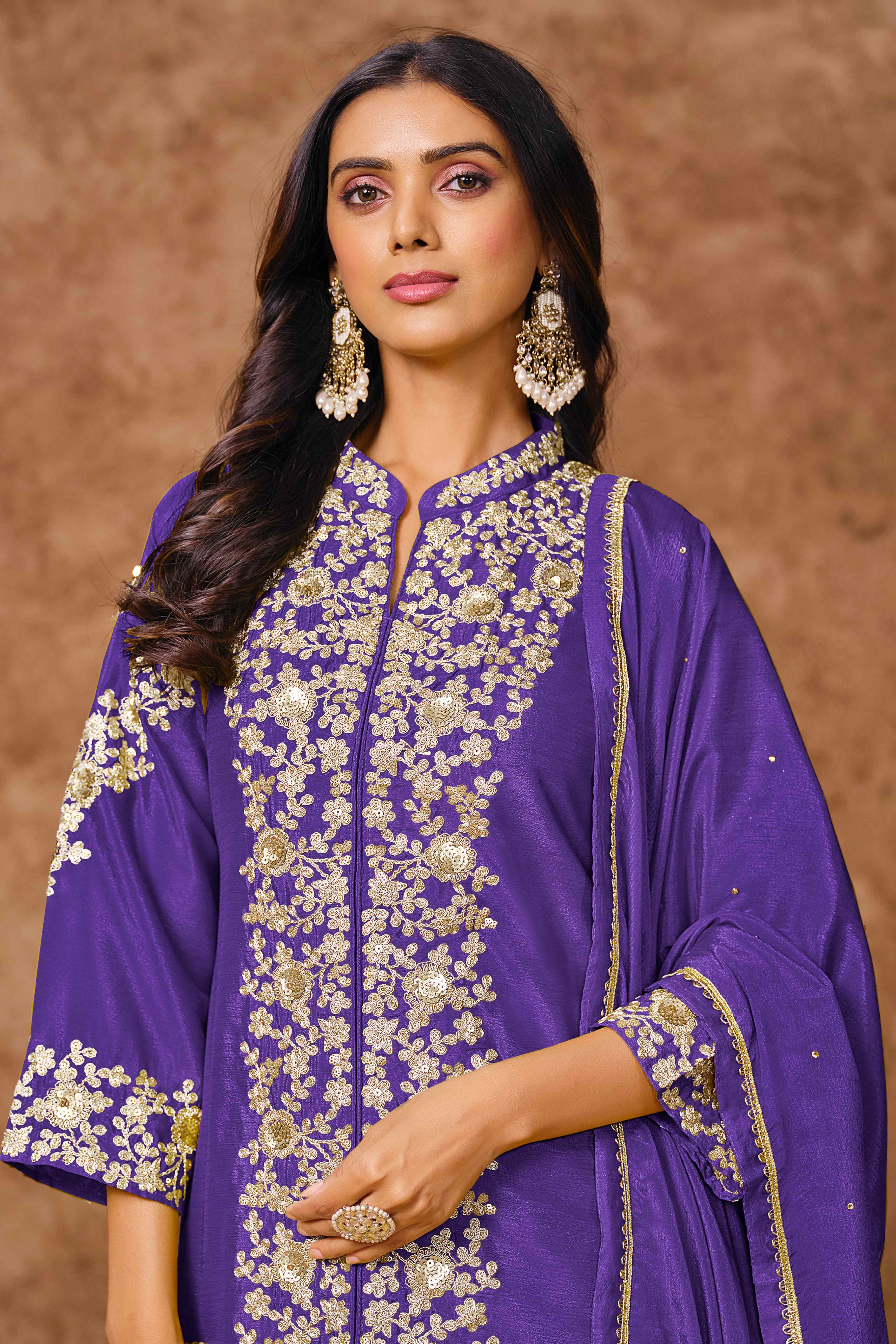 Violet Chinon Palazzo Suit With Floral Sequins & Cording Embroidery Work