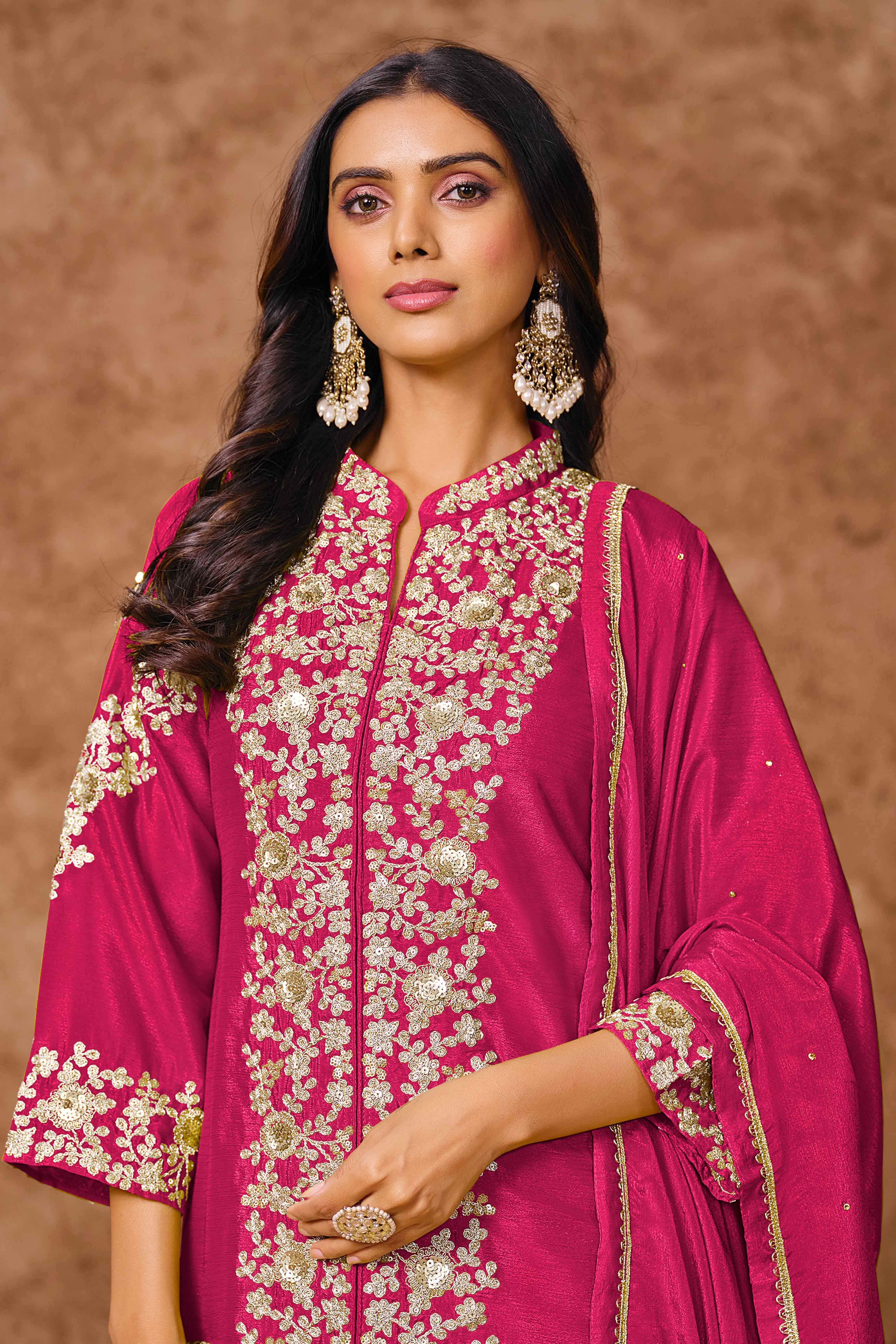 Rani Pink Chinon Palazzo Suit With Floral Sequins & Cording Embroidery Work
