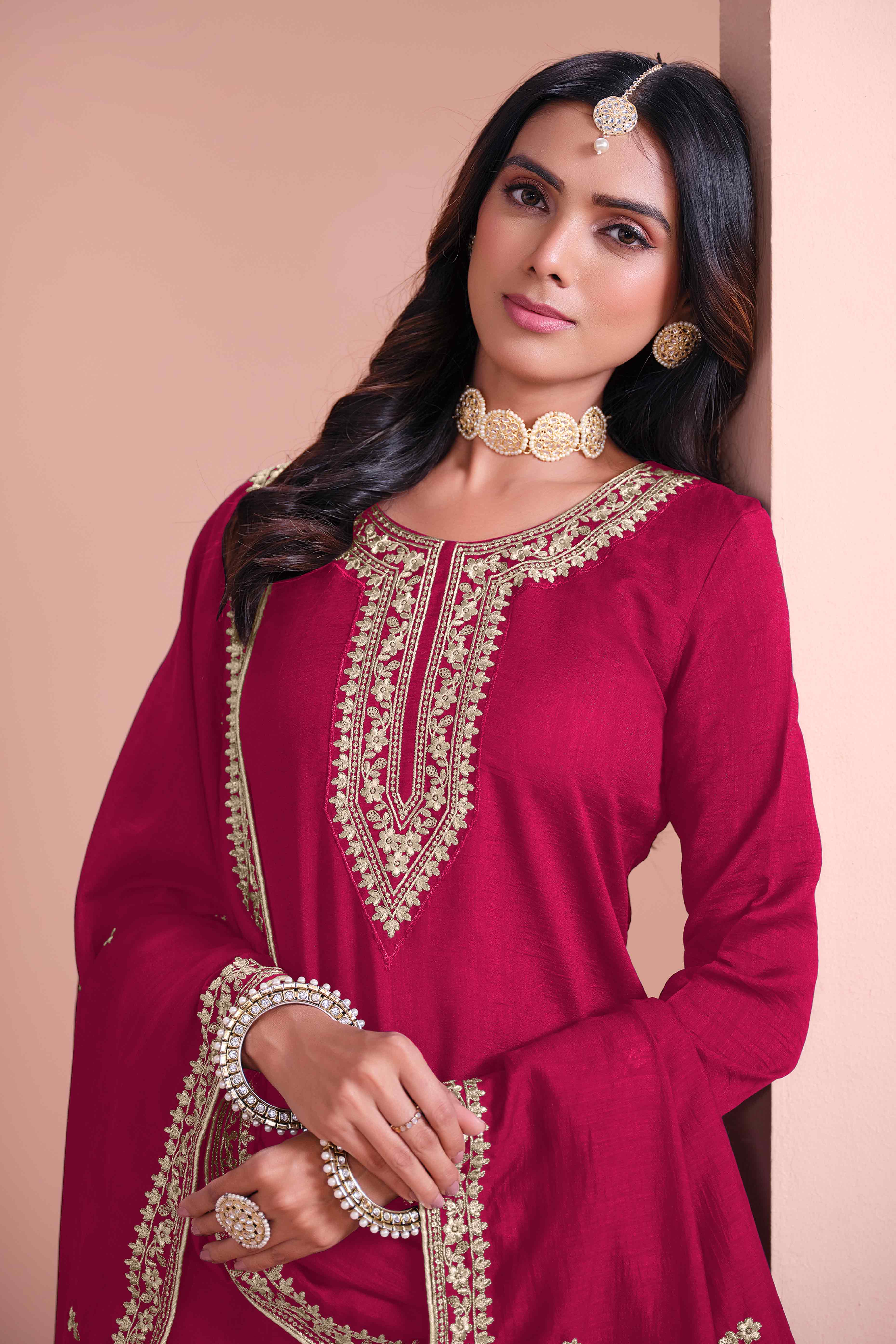 Pink Floral Semi-Stitched Art Silk Sharara Suit With Sequins Embroidery Work
