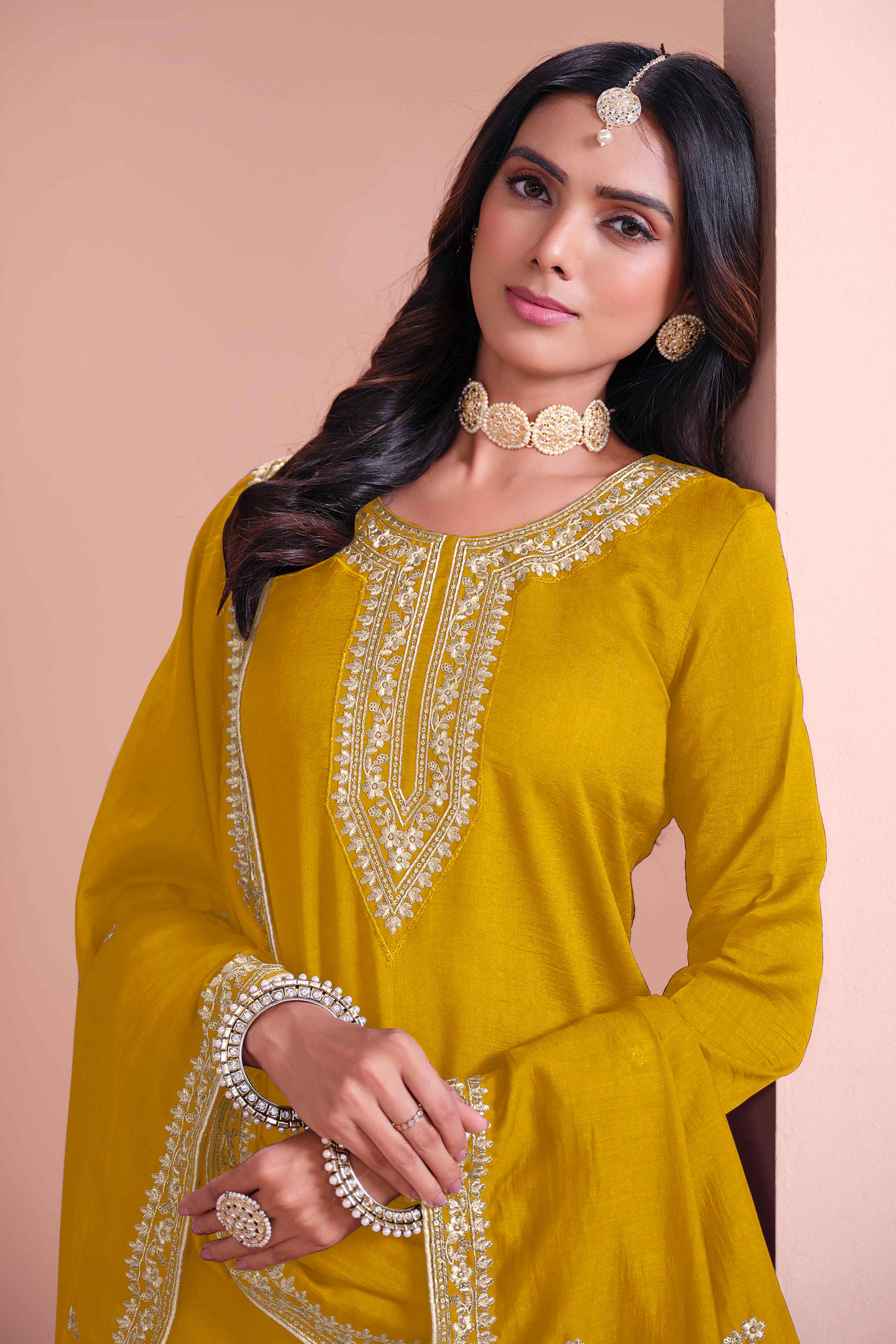 Mustard Floral Semi-Stitched Art Silk Sharara Suit With Sequins Embroidery Work