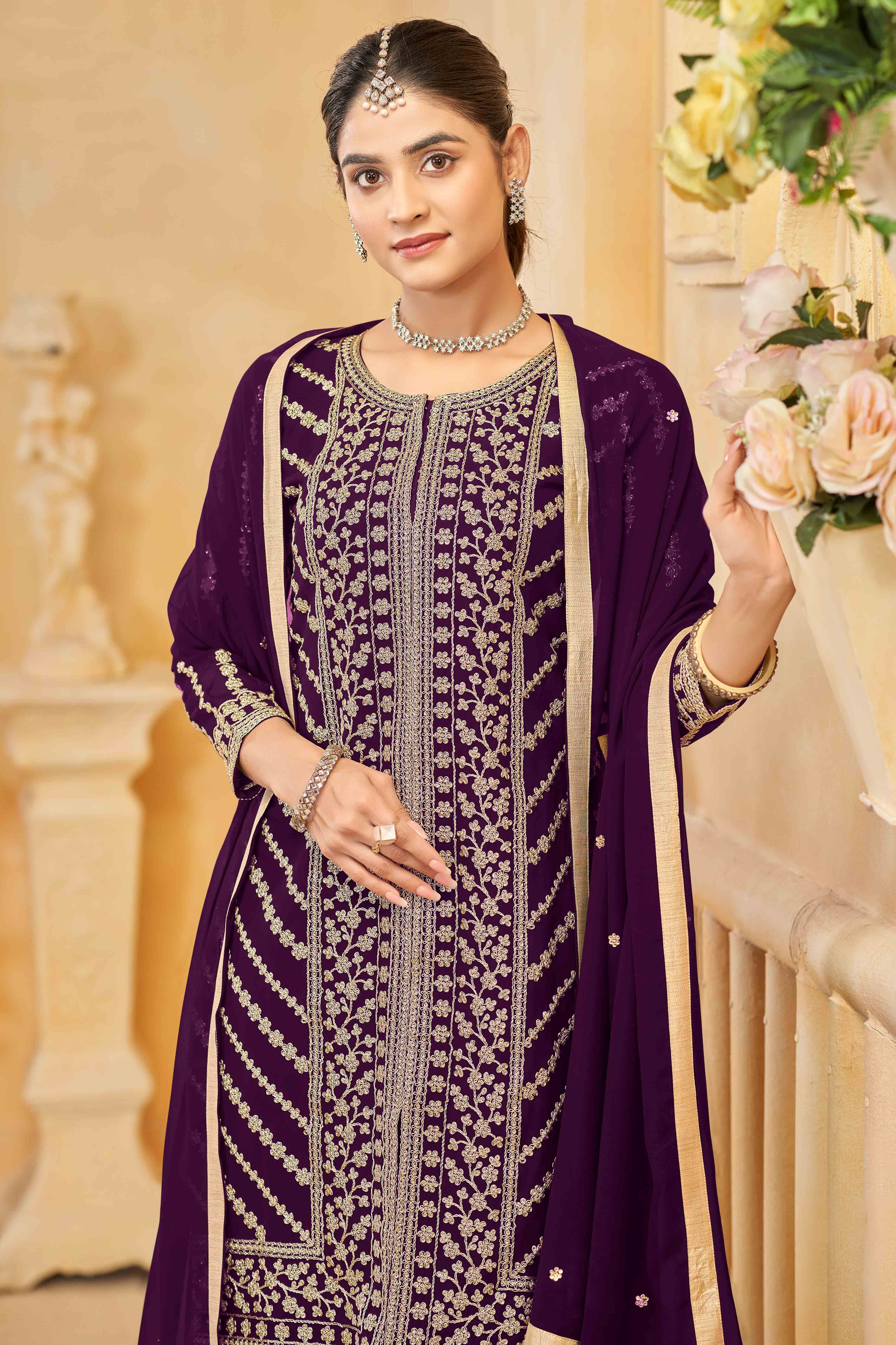 Wine Georgette Palazzo Suit Adorned With Floral Sequins & Cording Embroidery