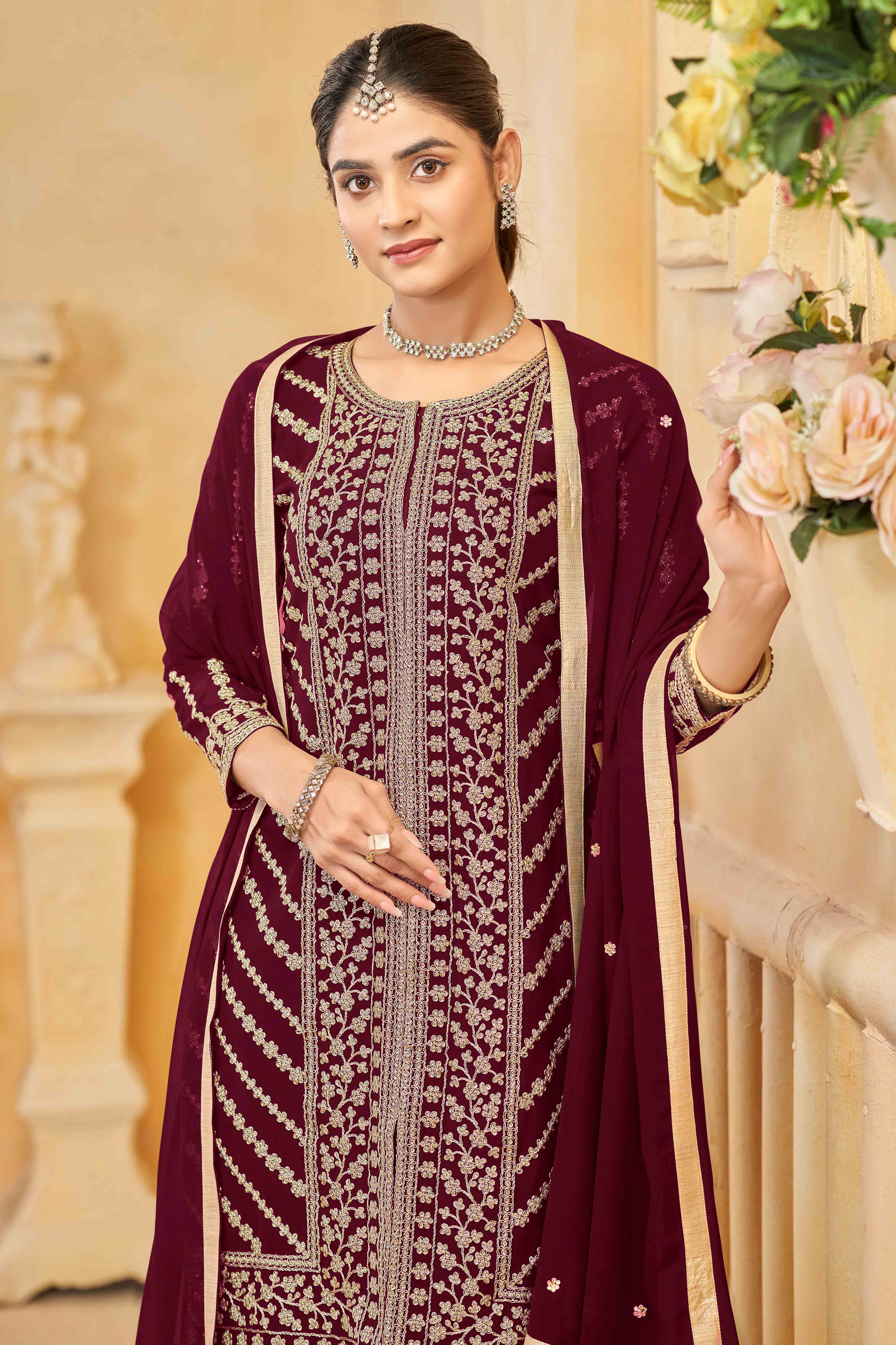 Maroon Georgette Palazzo Suit Adorned With Floral Sequins & Cording Embroidery