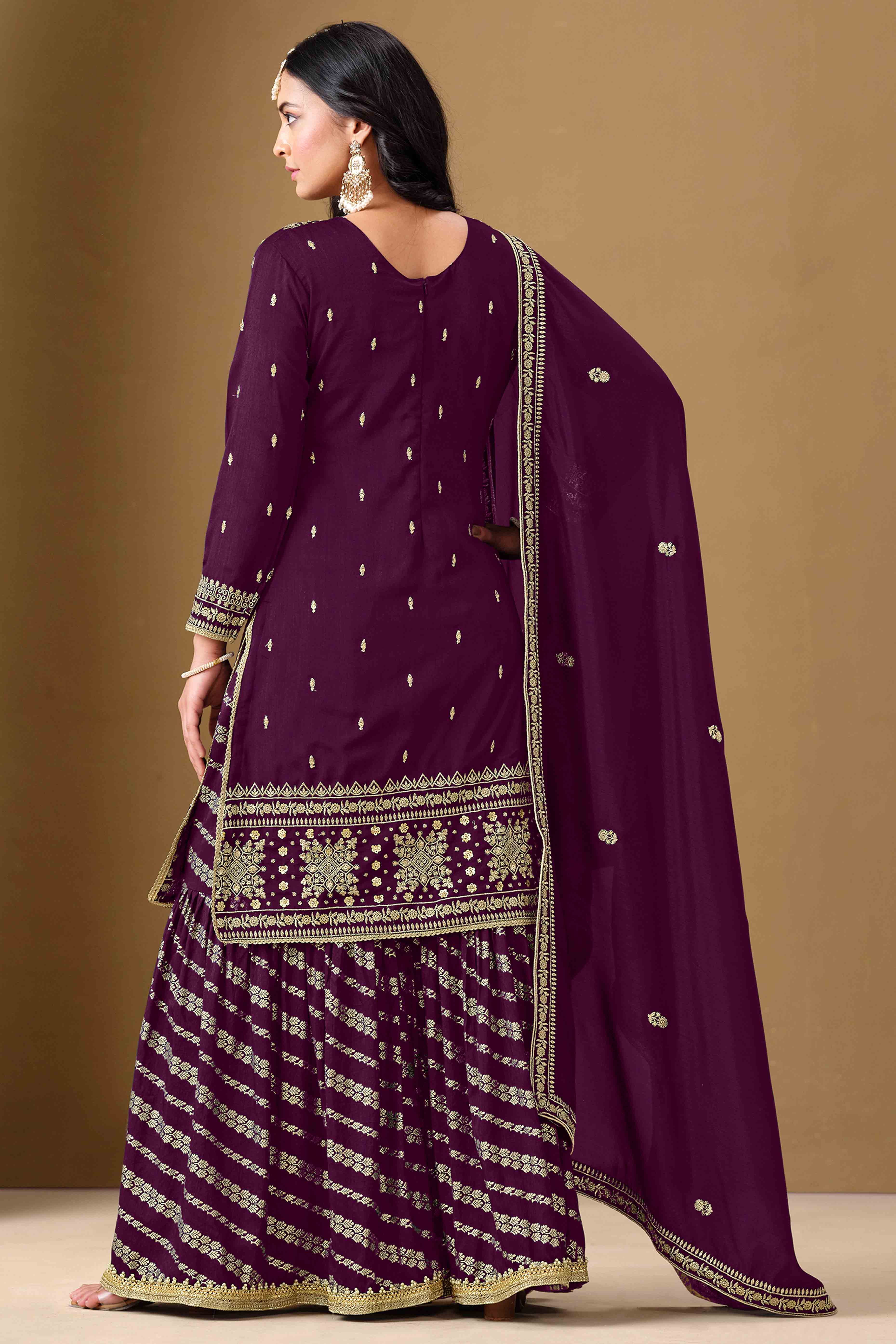 Wine Art Silk Sharara Suit With Floral Sequins Embroidery Work