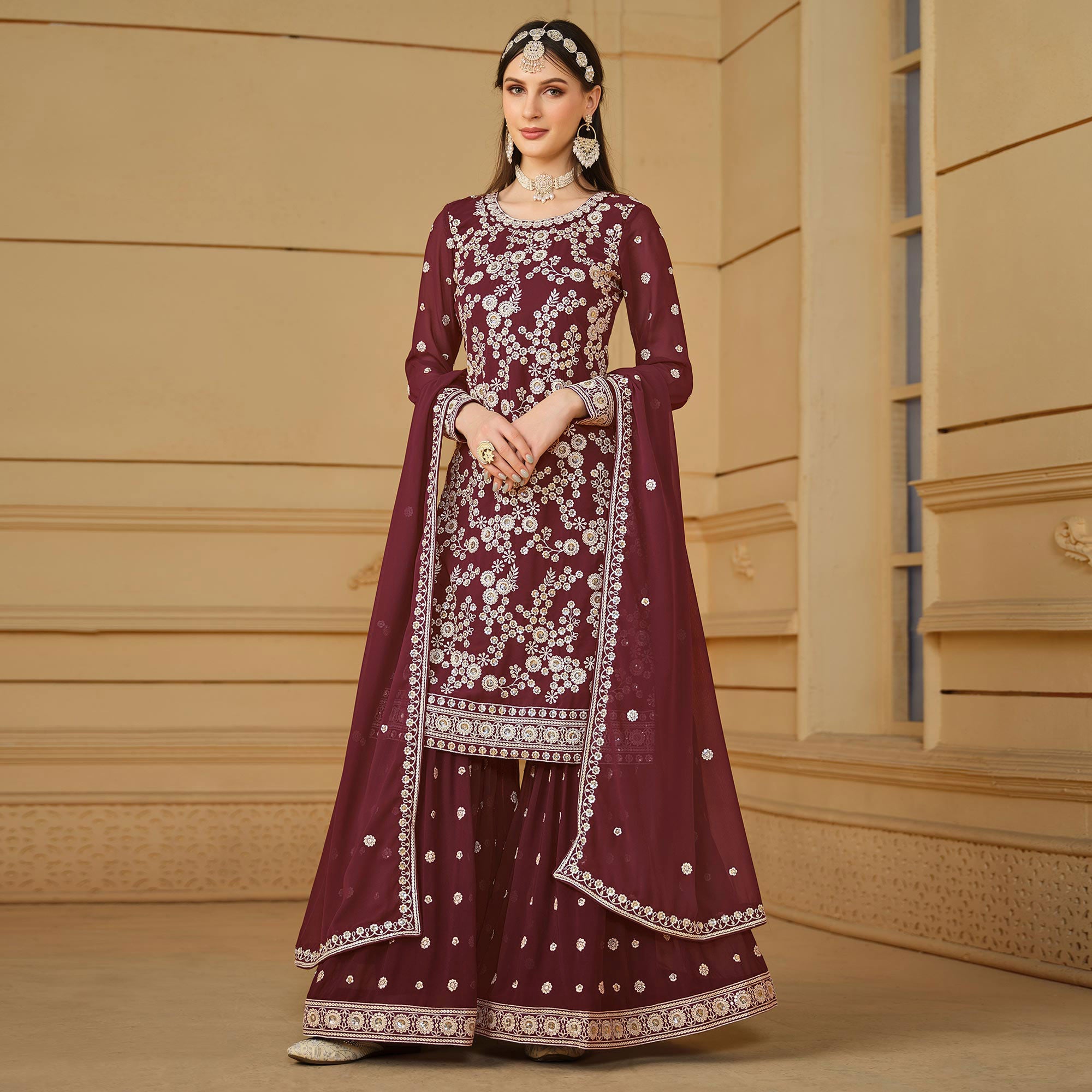 Wine Floral Embroidered Georgette Semi Stitched Sharara Suit