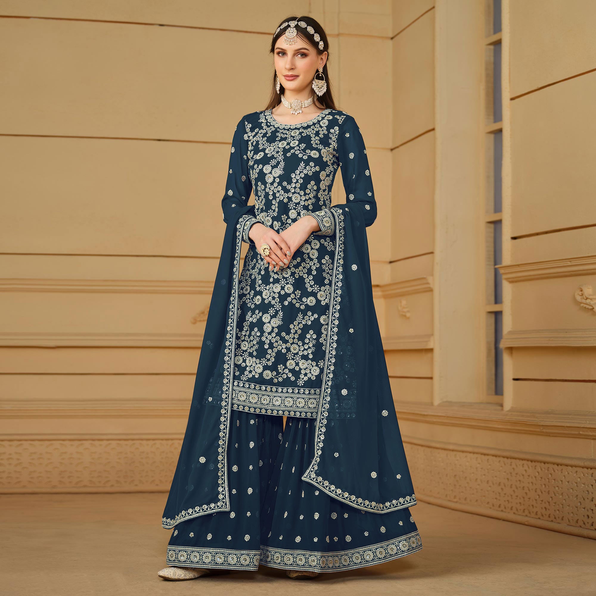 Teal Floral Embroidered Georgette Semi Stitched Sharara Suit