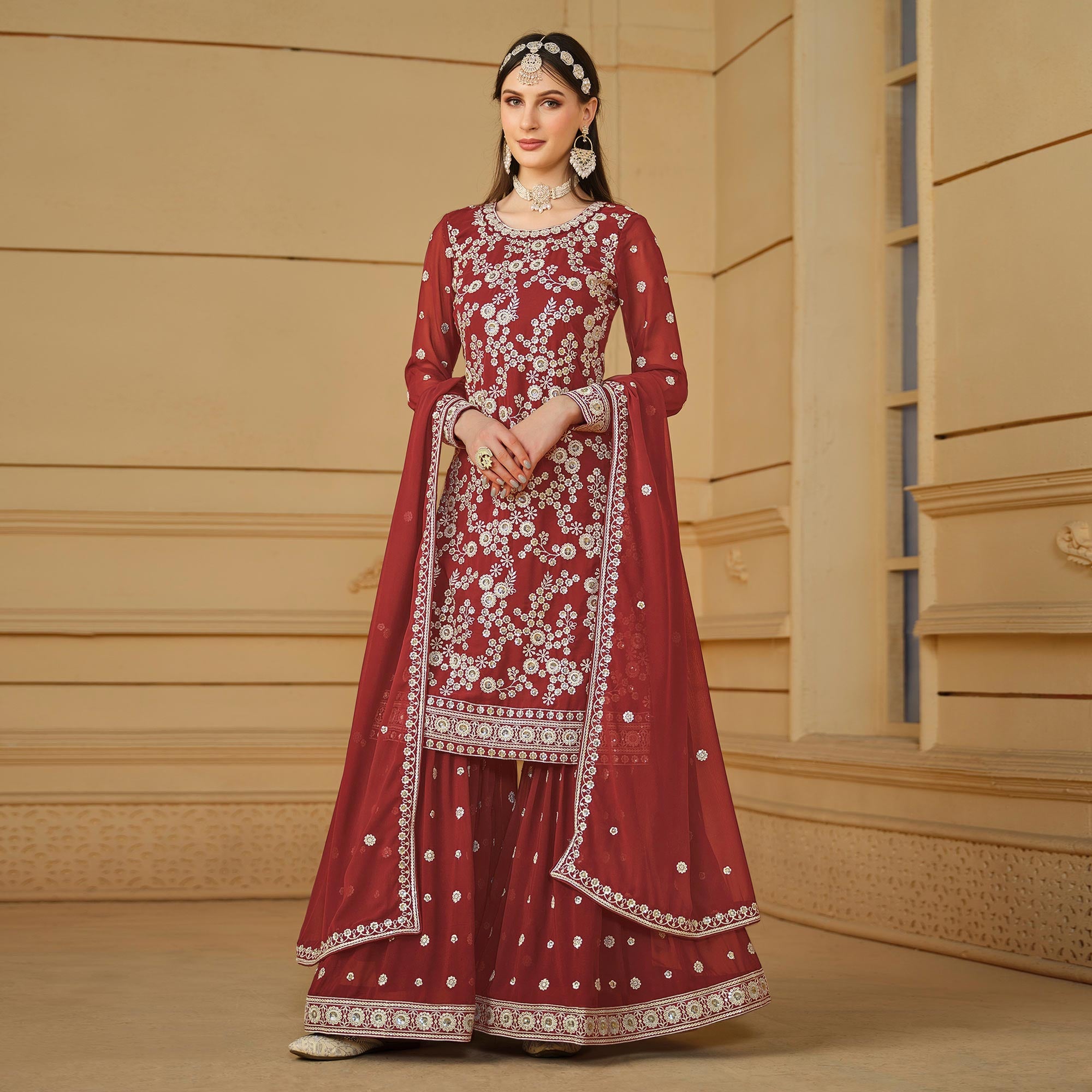 Rust Floral Embroidered Georgette Semi Stitched Sharara Suit