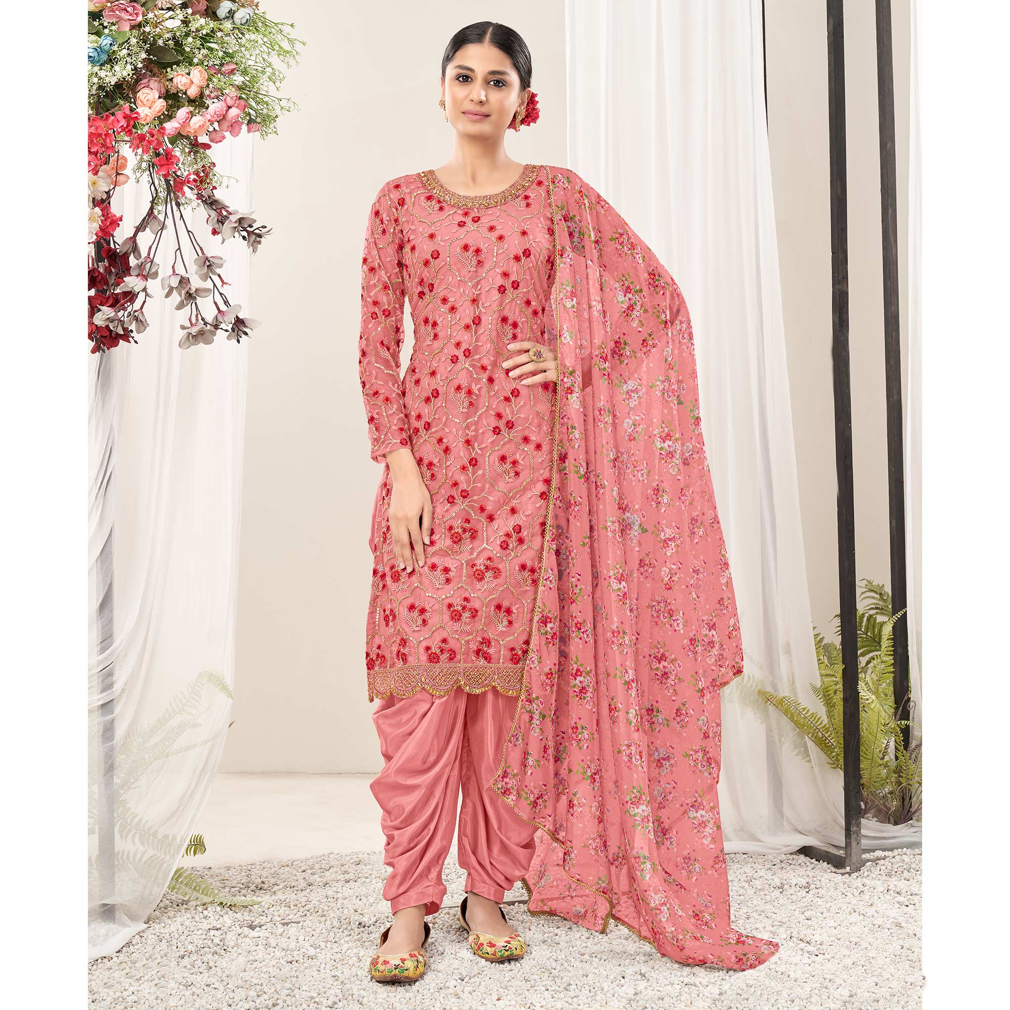 Pink Floral Sequins Embroidered Net Patiala Suit