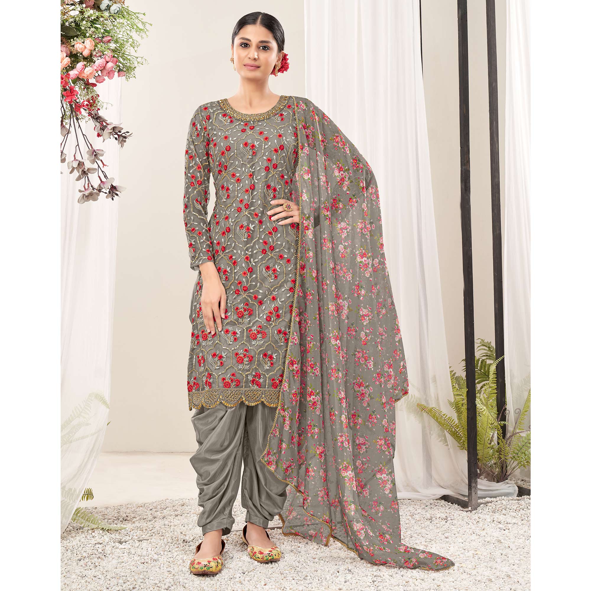 Grey Floral Sequins Embroidered Net Patiala Suit