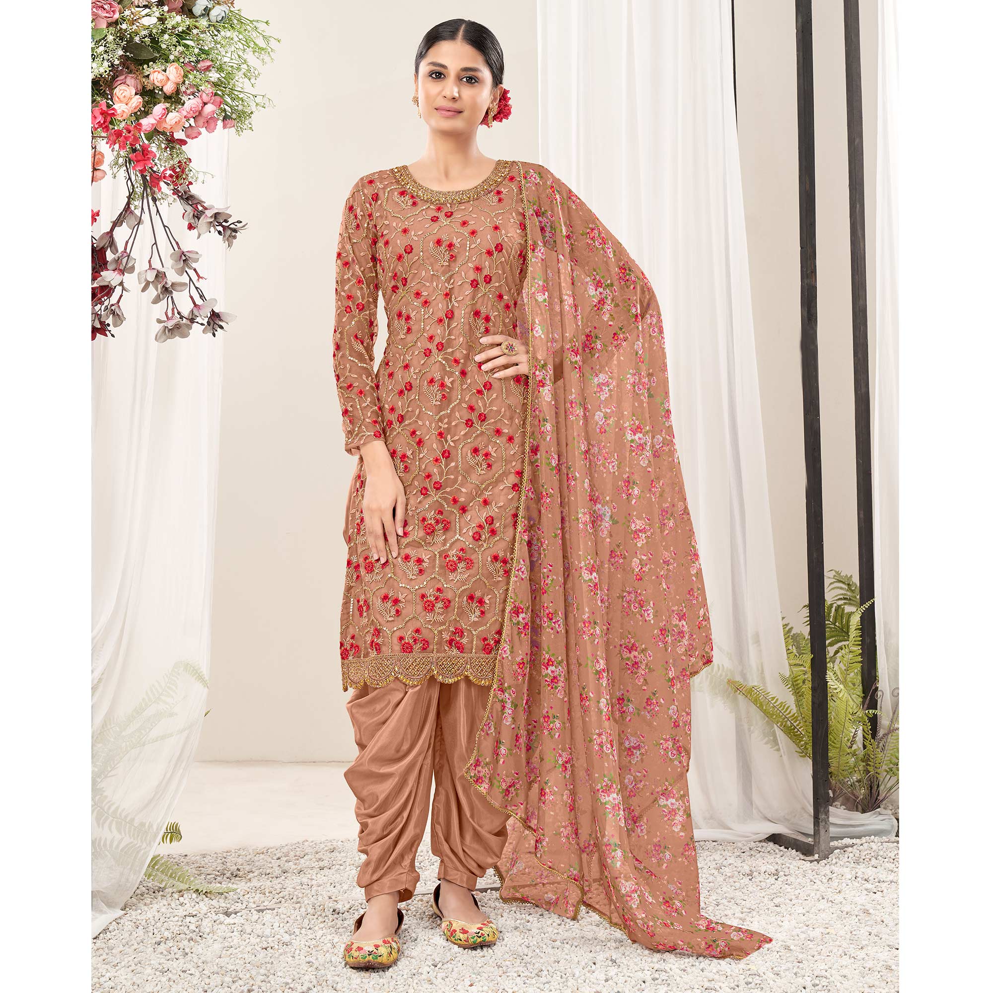 Peach Floral Sequins Embroidered Net Patiala Suit