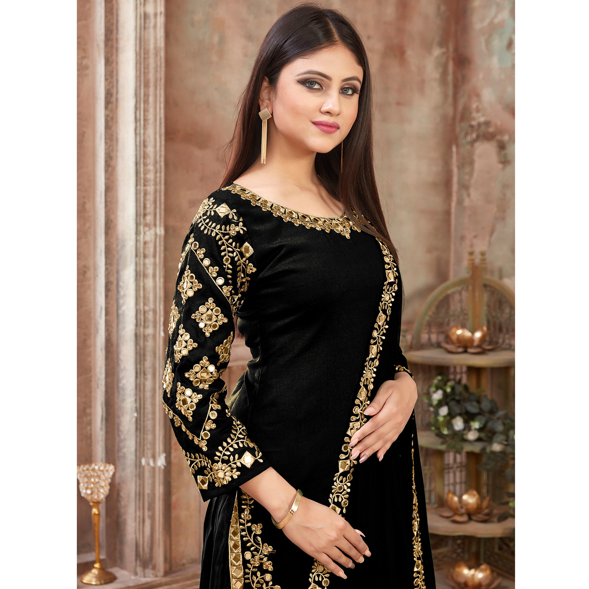 Black Floral Embroidered Art Silk Patiala Suit