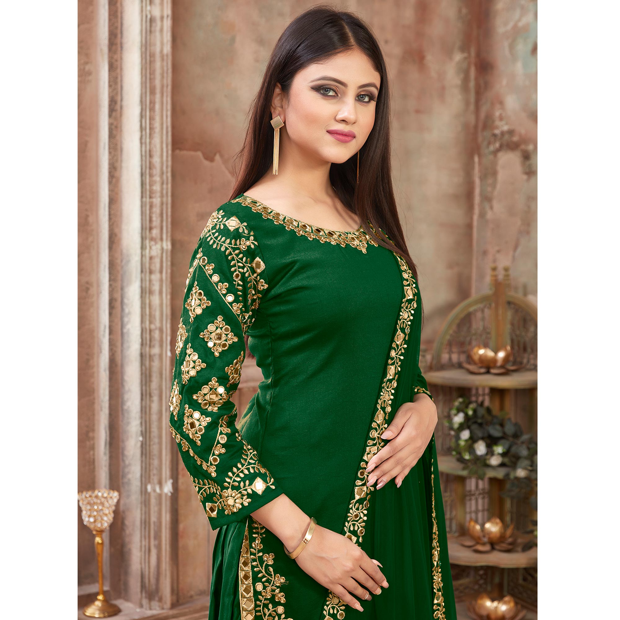 Green Floral Embroidered Art Silk Patiala Suit