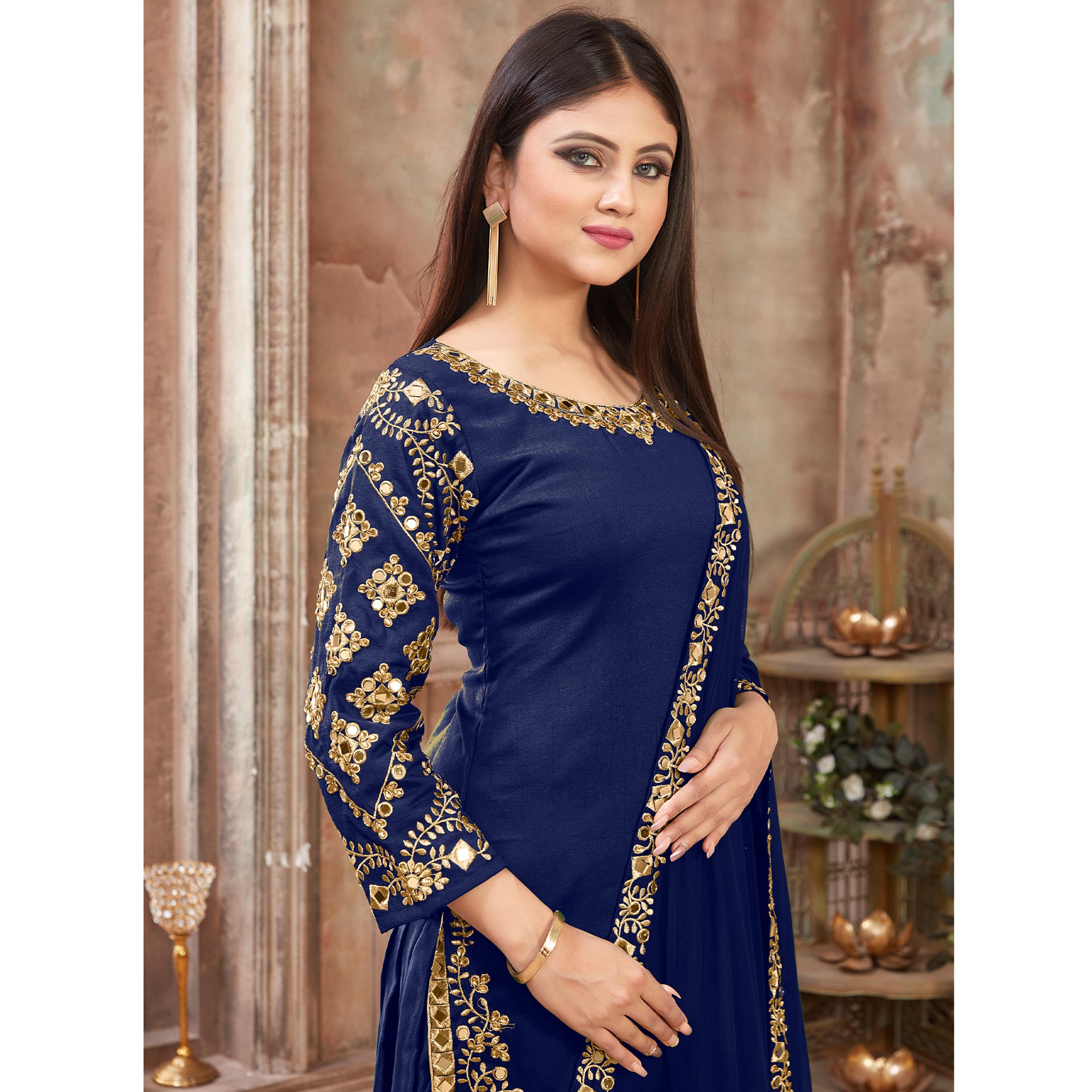 Blue Floral Embroidered Art Silk Patiala Suit