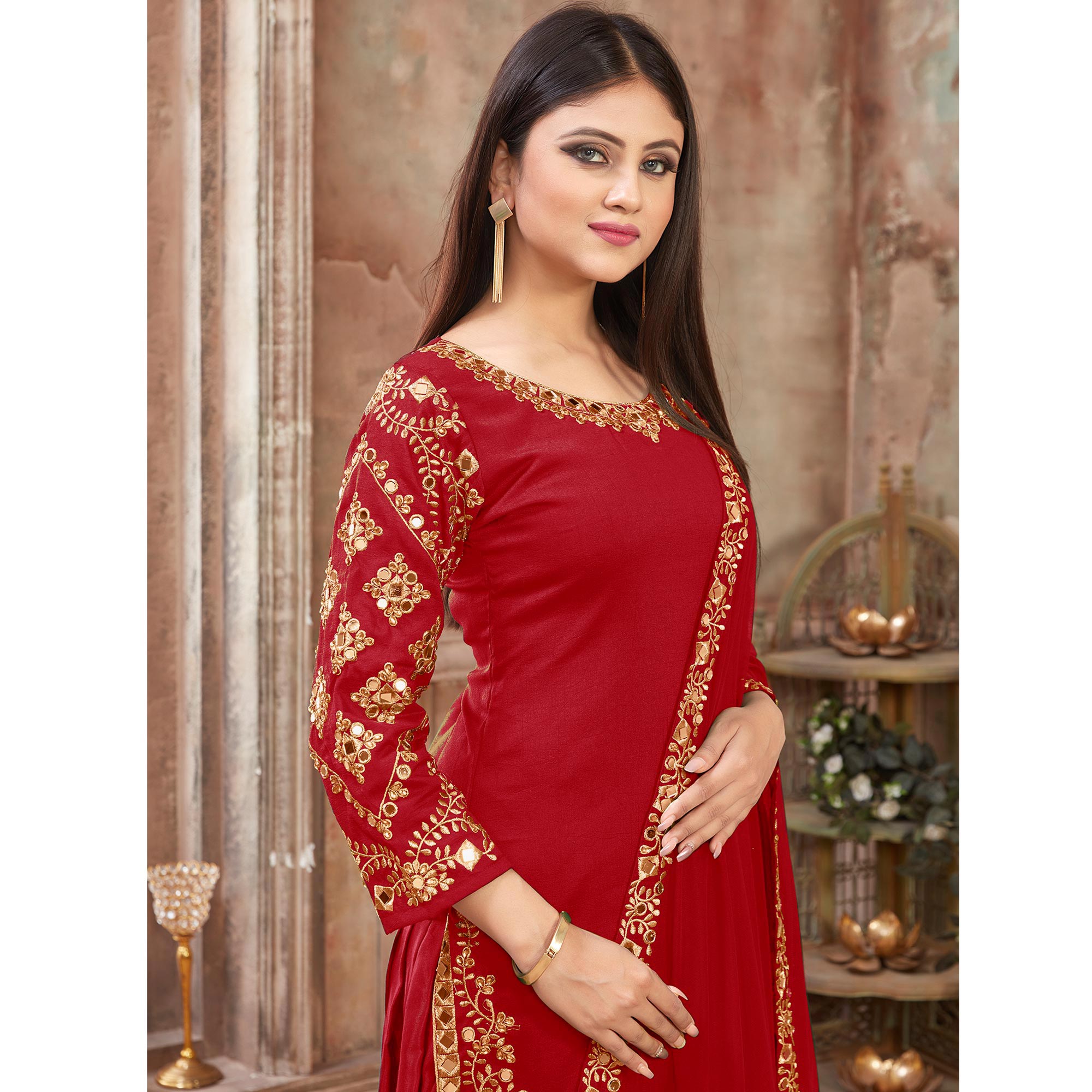 Red Floral Embroidered Art Silk Patiala Suit