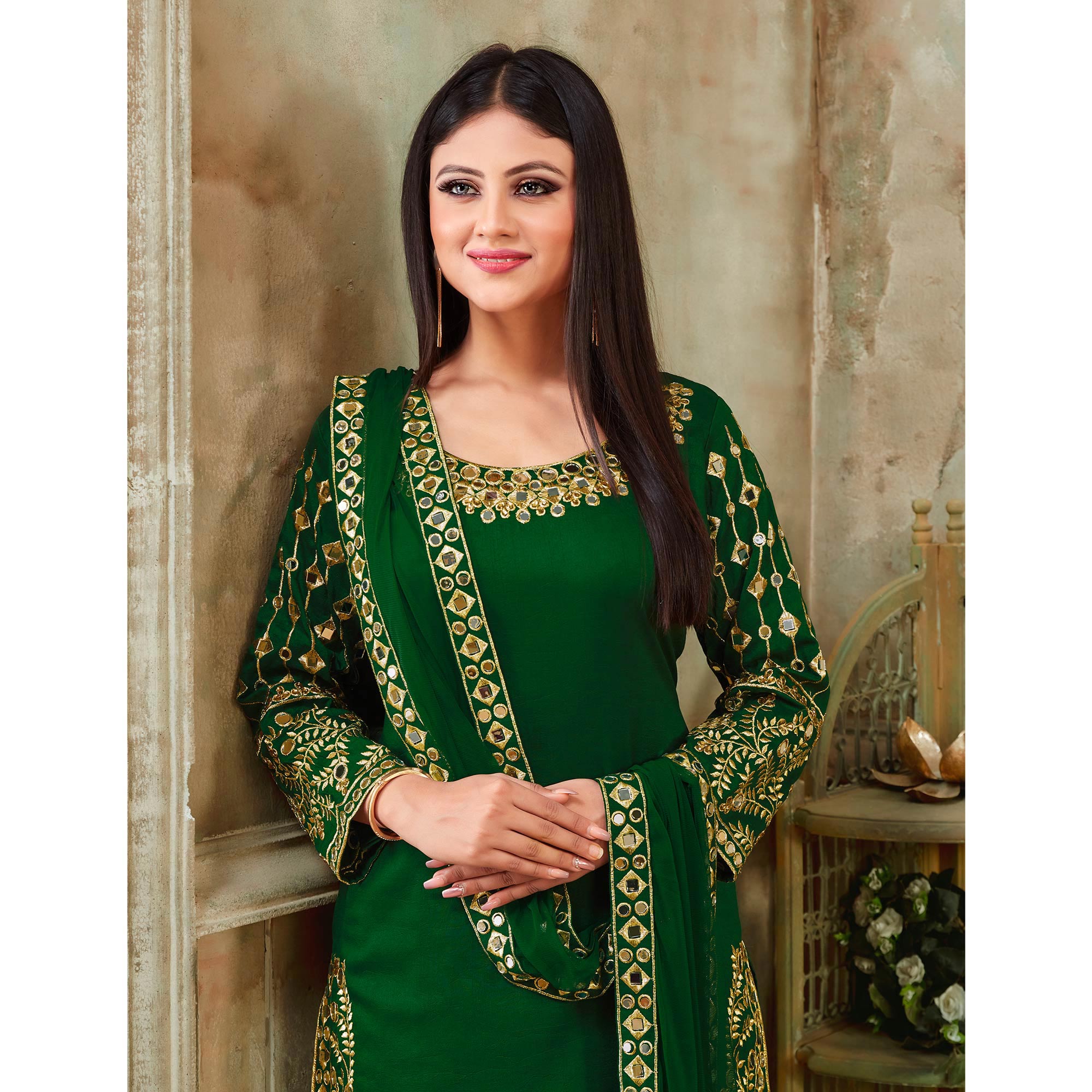 Green Floral Embroidered Art Silk Patiala Suit