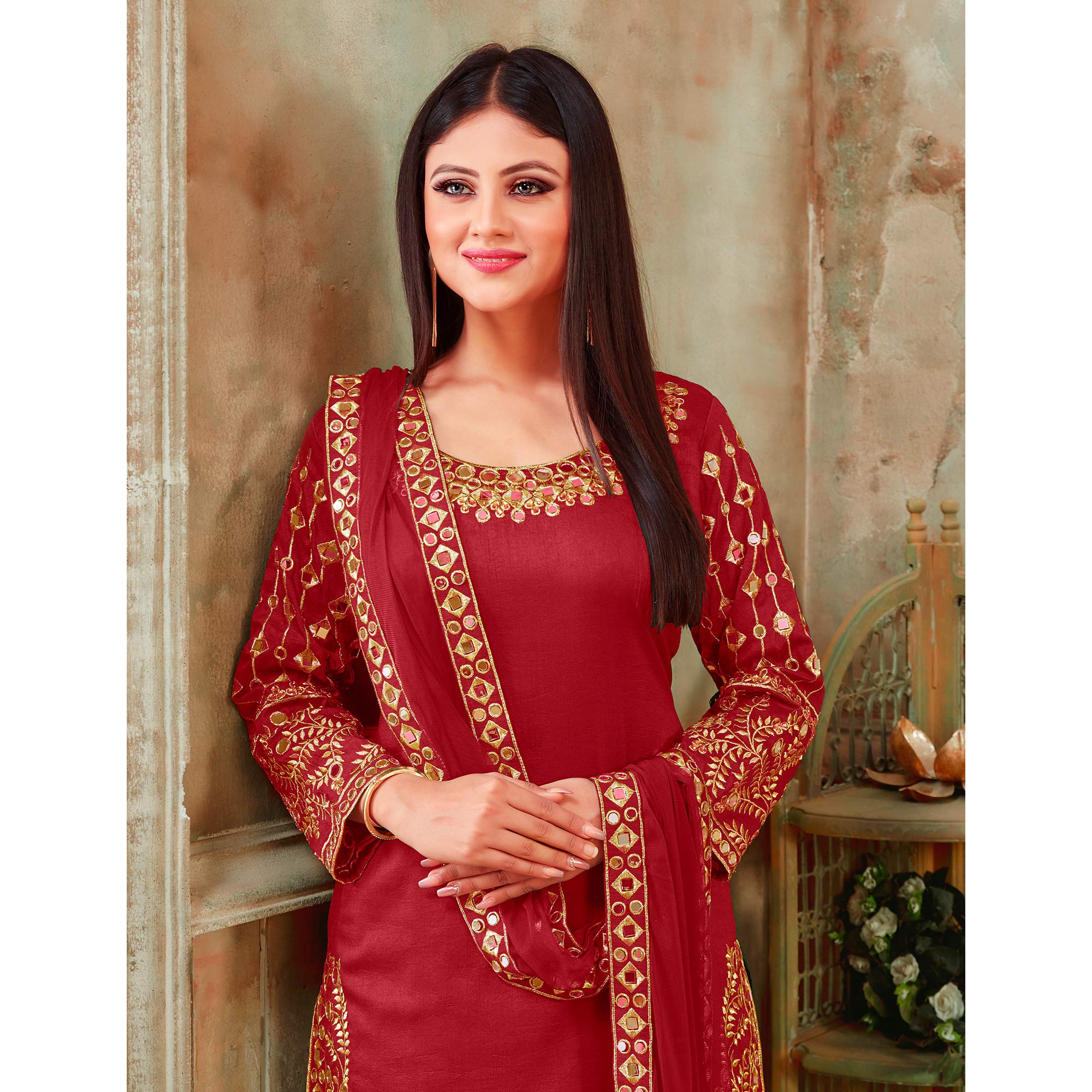 Red Floral Embroidered Art Silk Patiala Suit