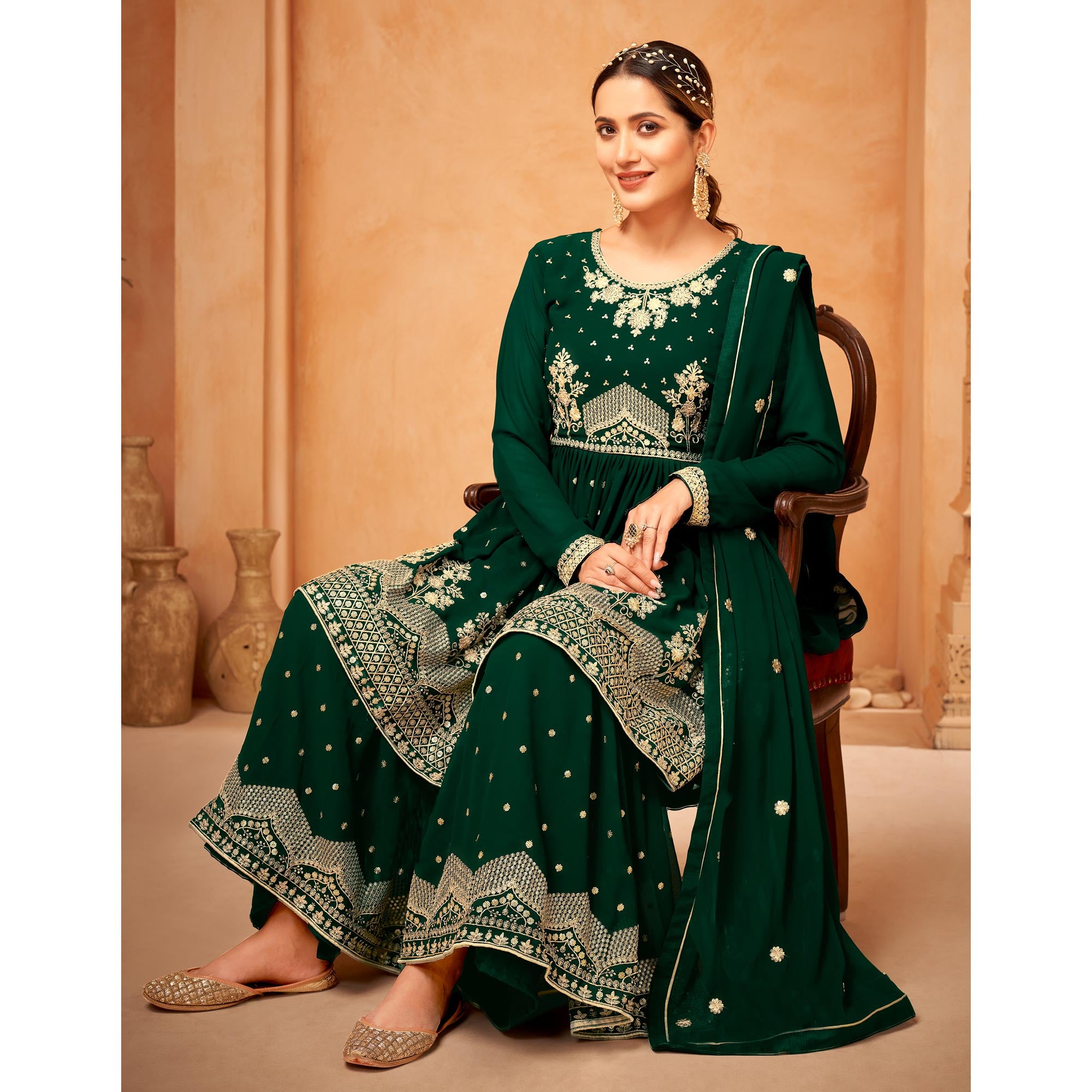 Green Floral Sequin Embroidered Georgette Semi Stitched Suit