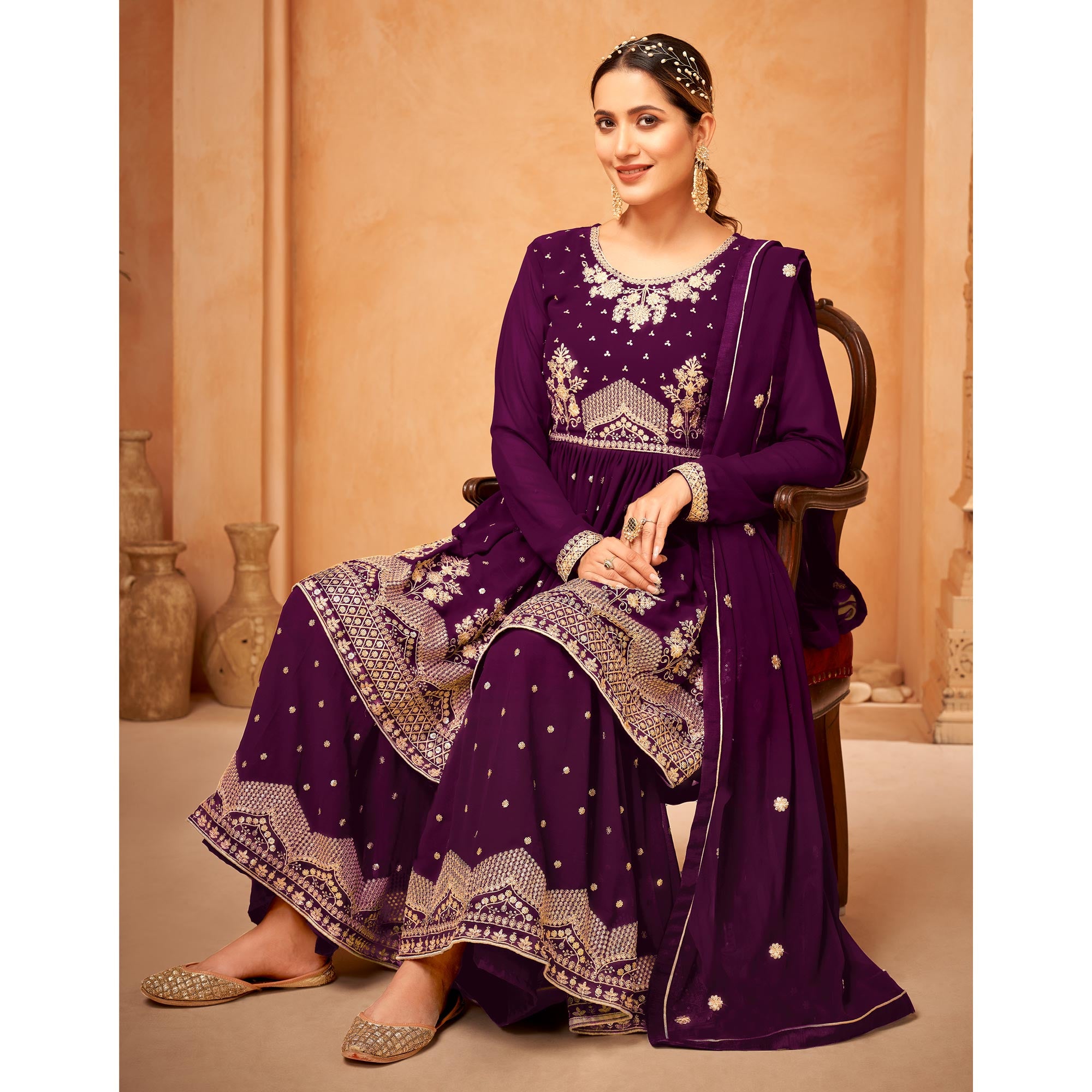 Purple Floral Sequin Embroidered Georgette Semi Stitched Suit