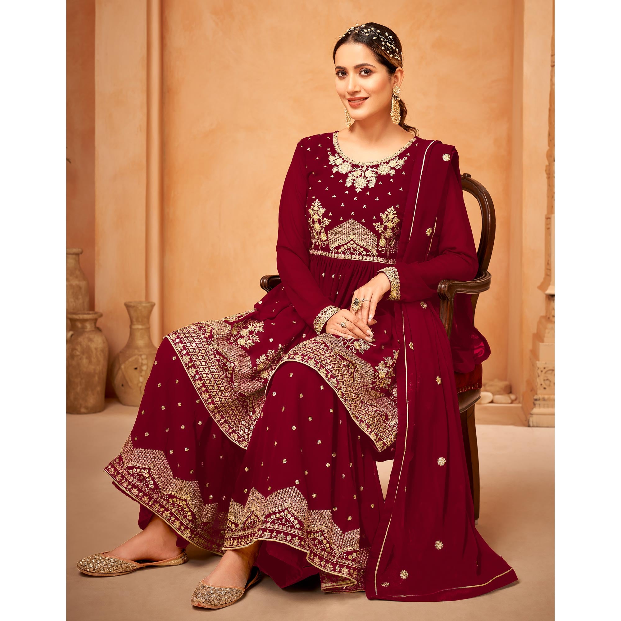 Red Floral Sequin Embroidered Georgette Semi Stitched Suit