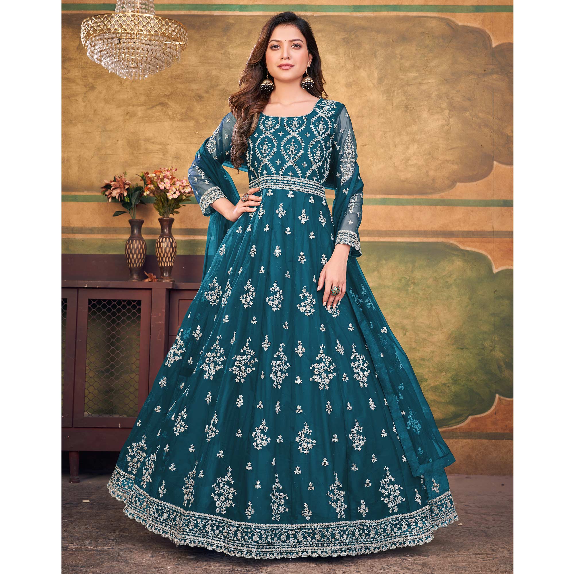 Rama Blue Embroidered Net Semi Stitched Anarkali Suit