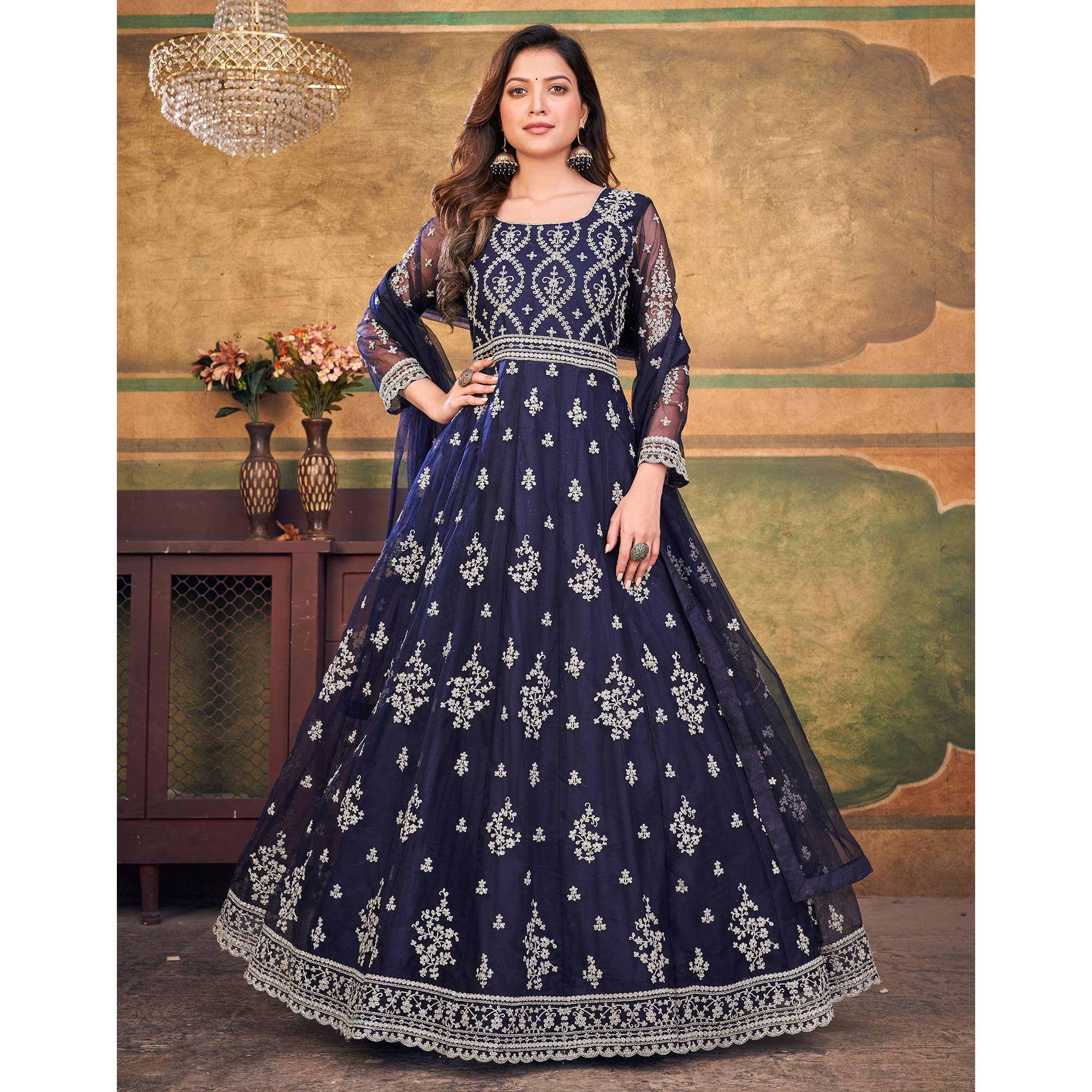 Blue Embroidered Net Semi Stitched Anarkali Suit