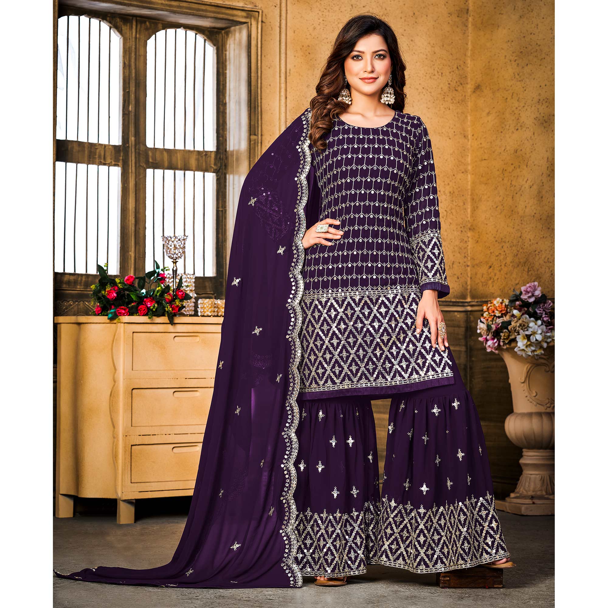Purple Sequins Embroidered Georgette Semi Stitched Suit