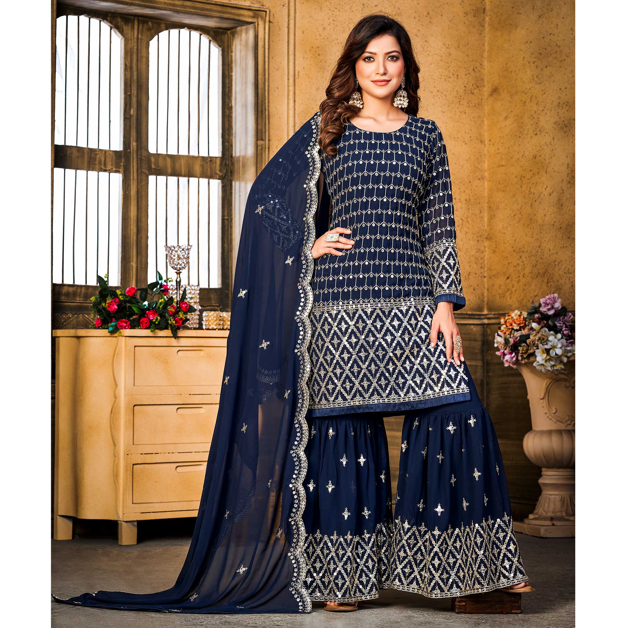 Blue Sequins Embroidered Georgette Semi Stitched Suit