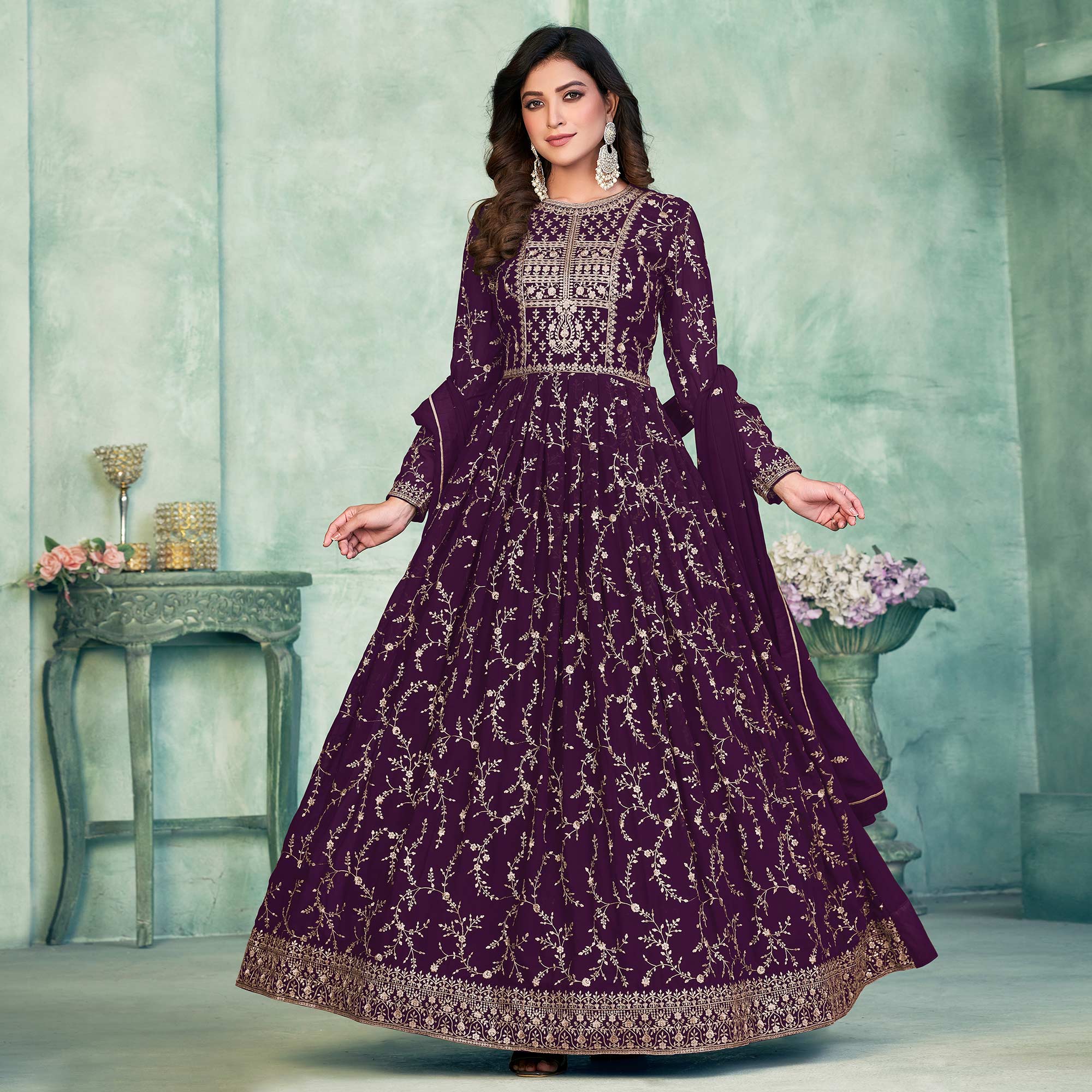 Purple Embroidered Georgette Semi Stitched Anarkali Suit