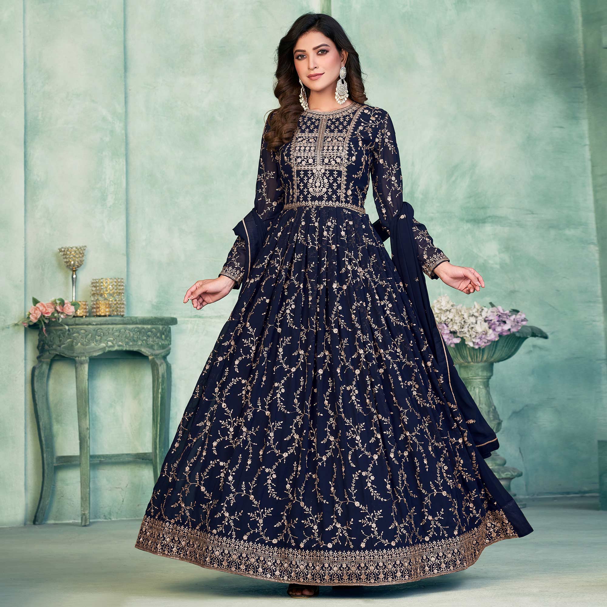 Blue Embroidered Georgette Semi Stitched Anarkali Suit