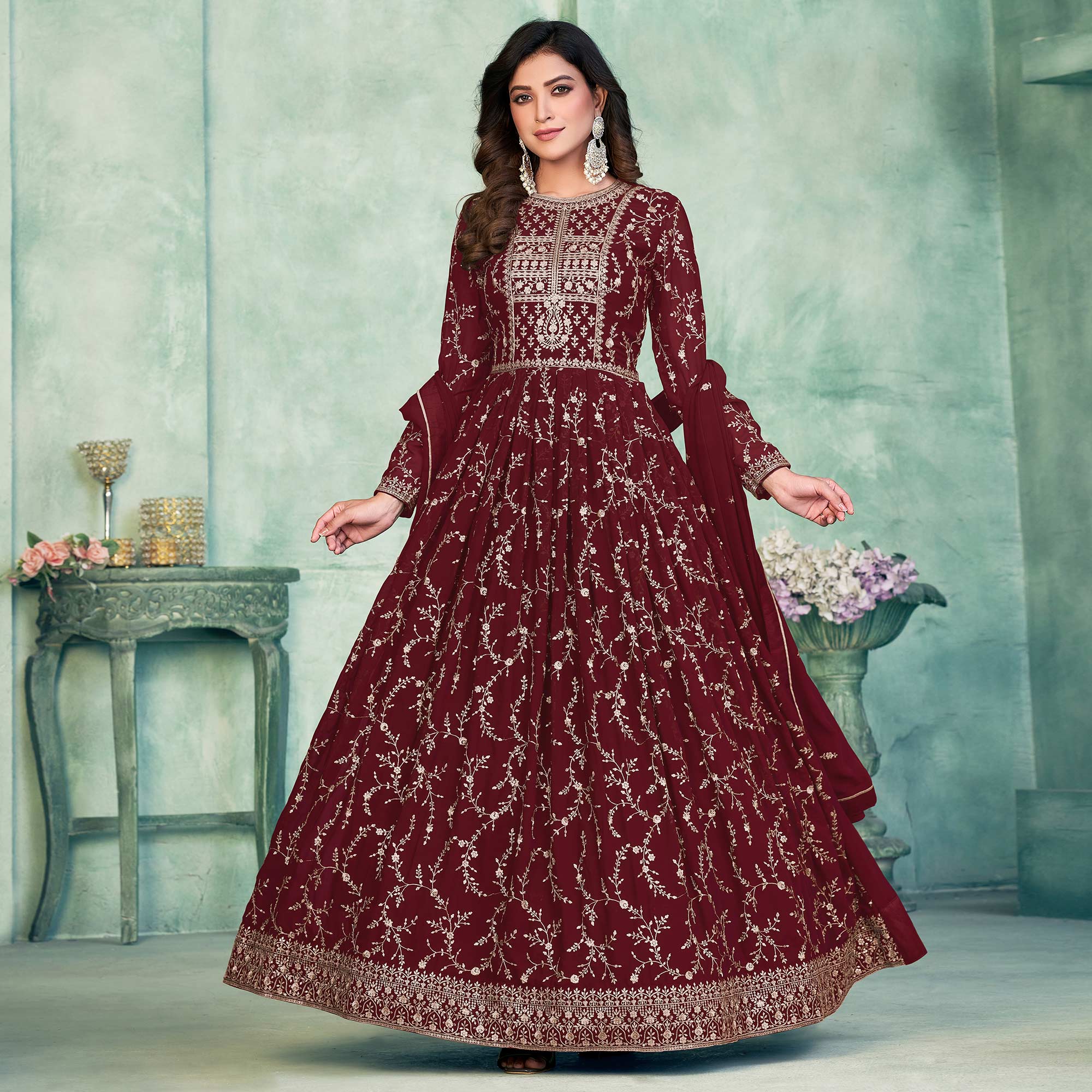 Maroon Embroidered Georgette Semi Stitched Anarkali Suit