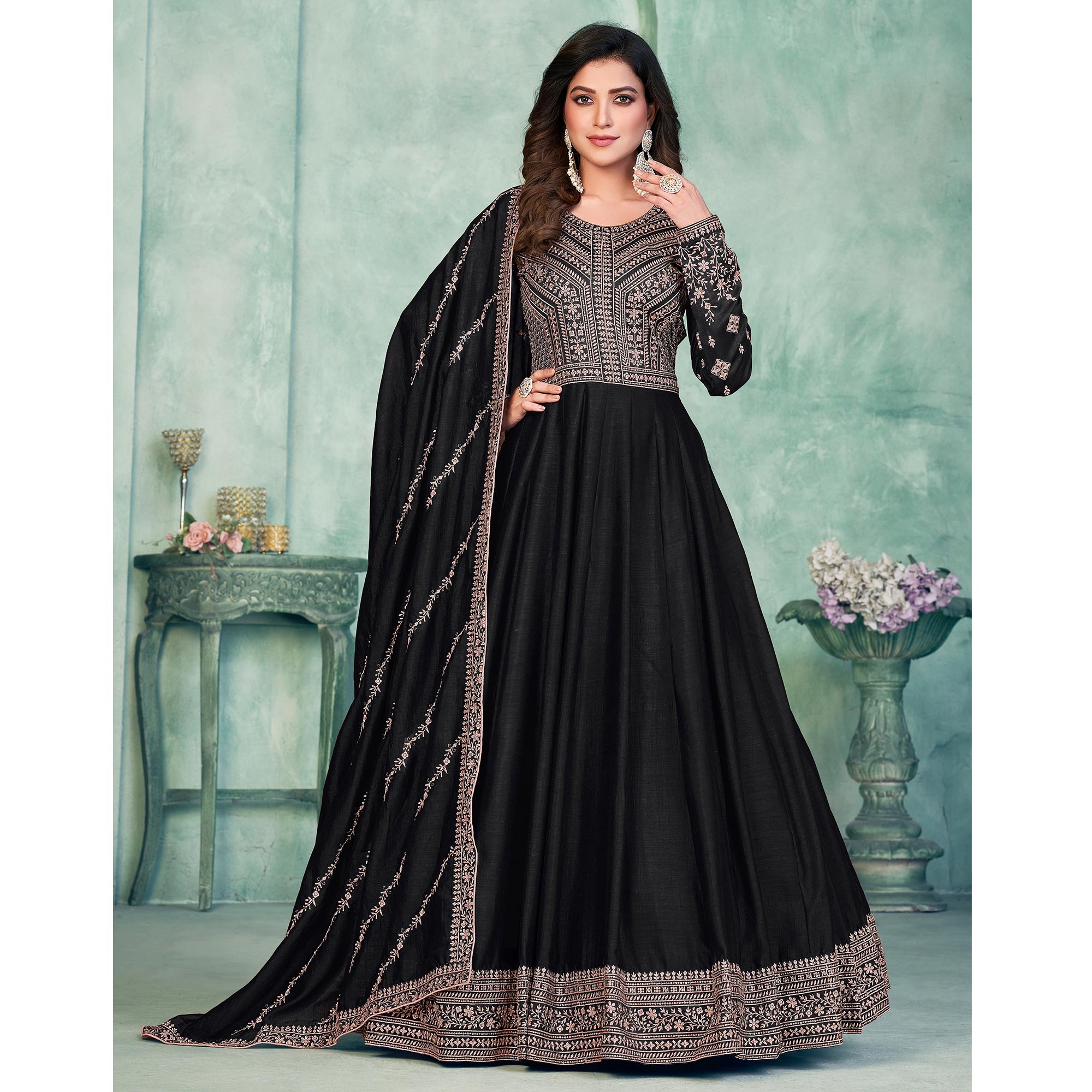 Black Embroidered Art Silk Semi Stitched Anarkali Suit