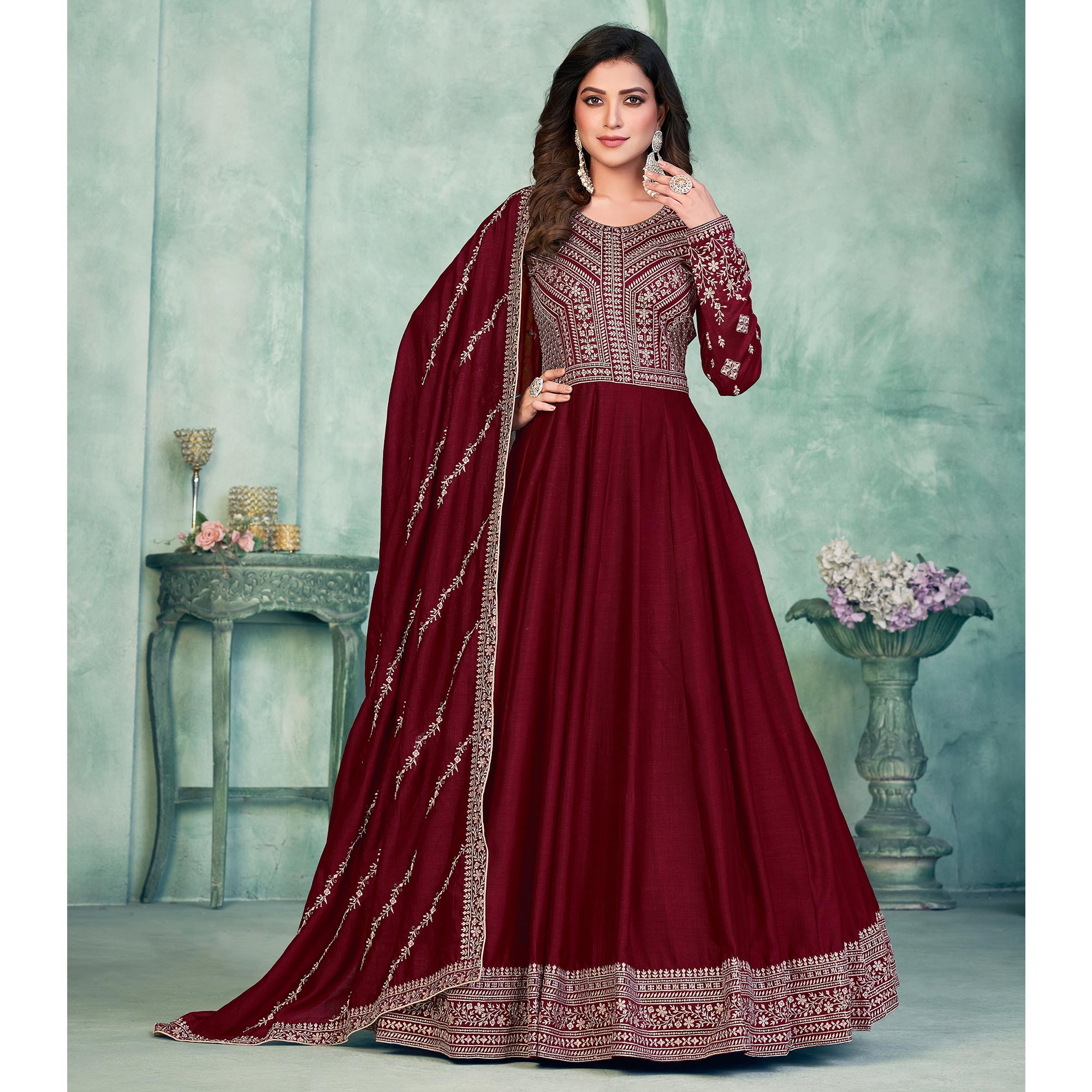 Maroon Embroidered Art Silk Semi Stitched Anarkali Suit