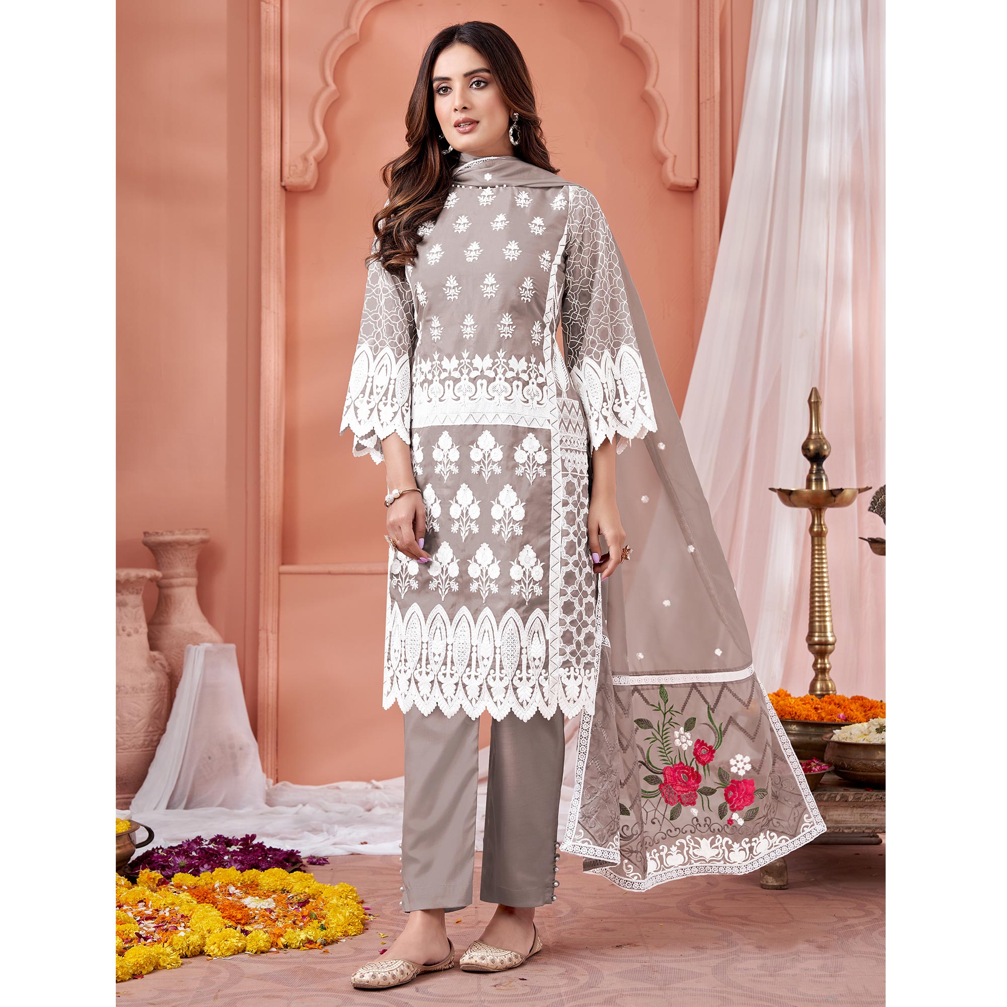 Grey Floral Embroidered Organza Semi Stitched Suit