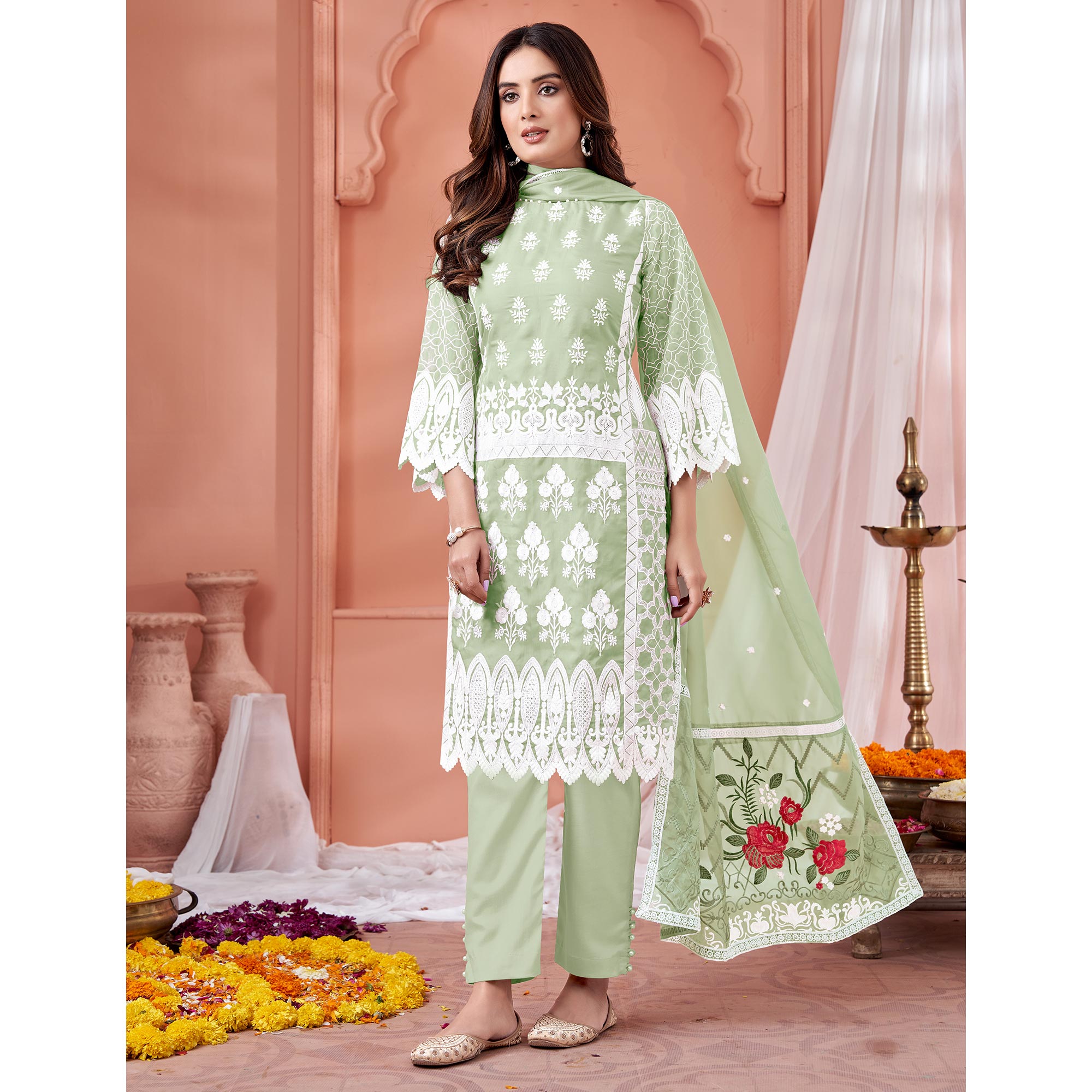 Green Floral Embroidered Organza Semi Stitched Suit