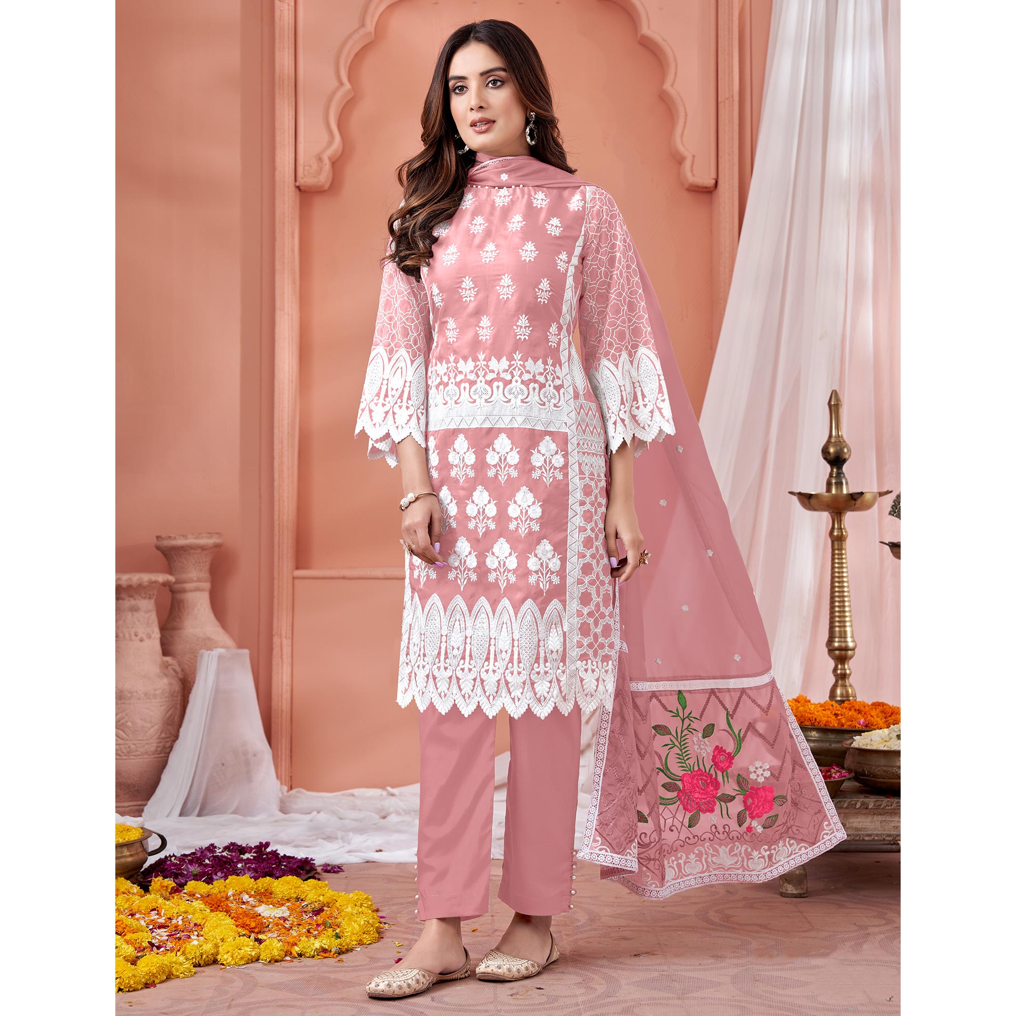 Peach Floral Embroidered Organza Semi Stitched Suit
