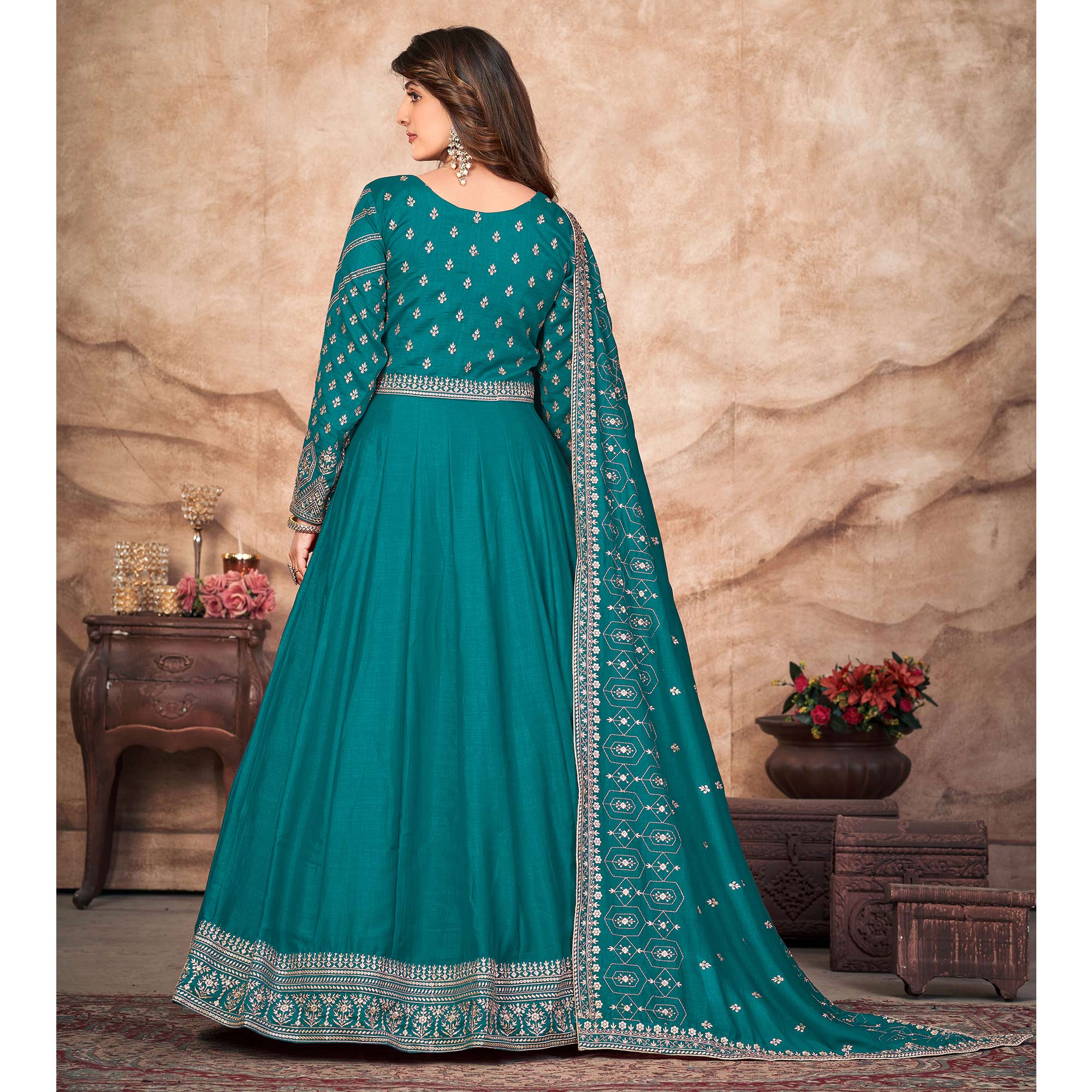 Rama Blue Embroidered Art Silk Semi Stitched Anarkali Suit