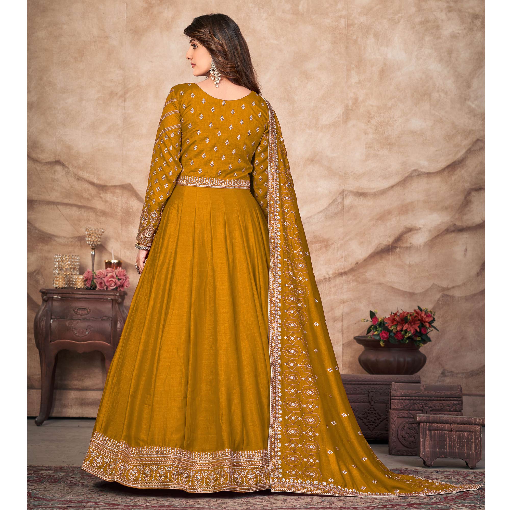 Mustard Embroidered Art Silk Semi Stitched Anarkali Suit