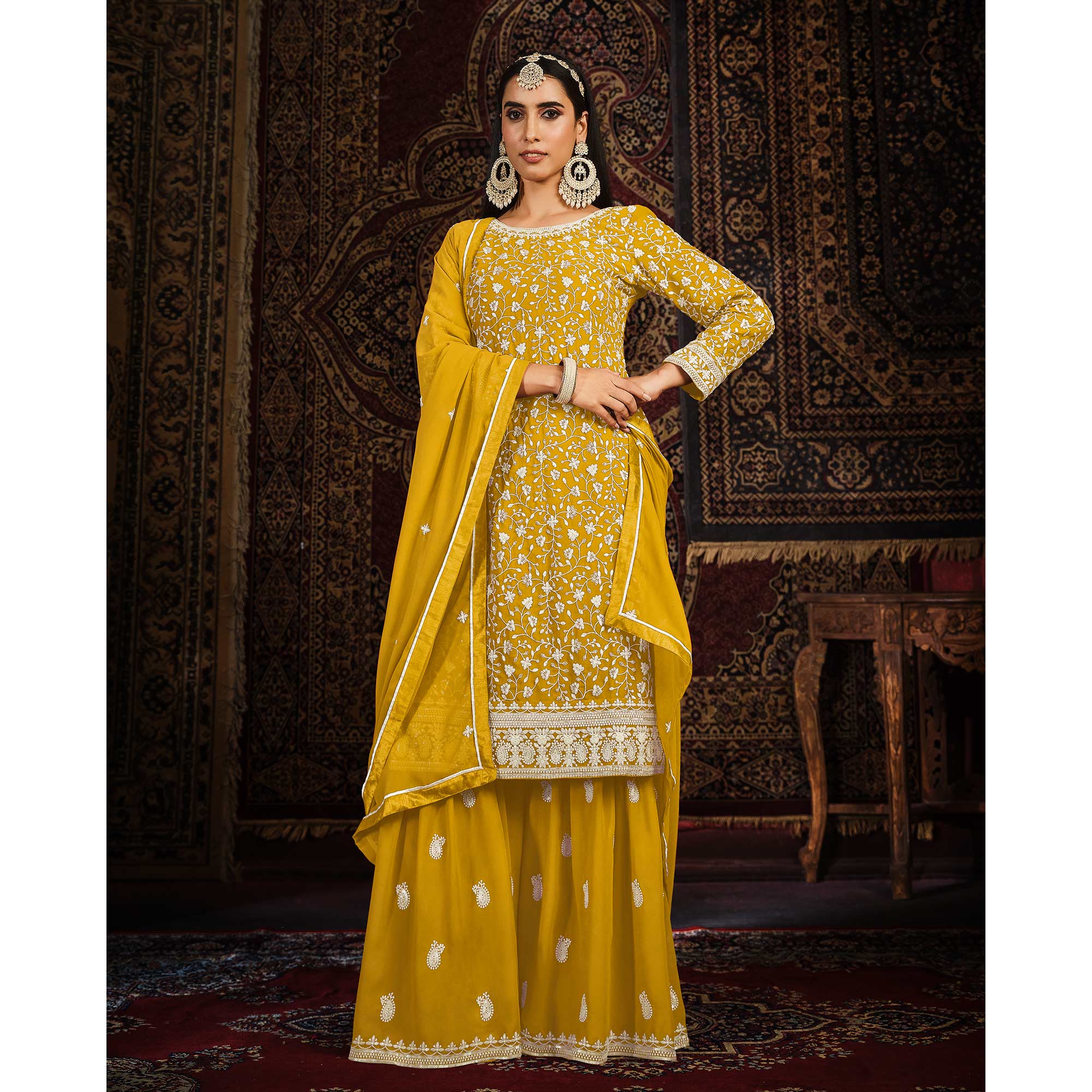 Mustard Floral Embroidered Georgette Unstitched Suit