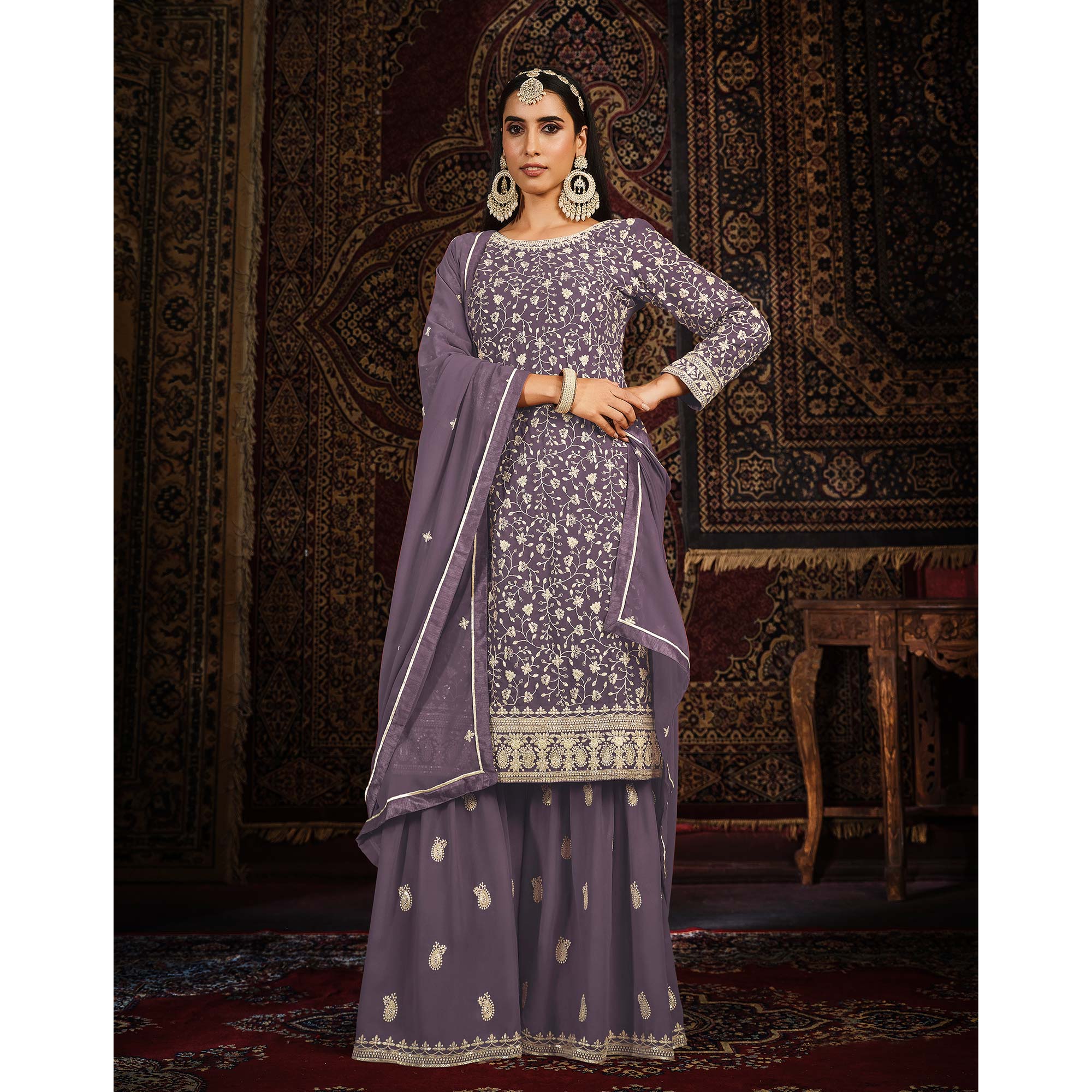 Purple Floral Embroidered Georgette Unstitched Suit