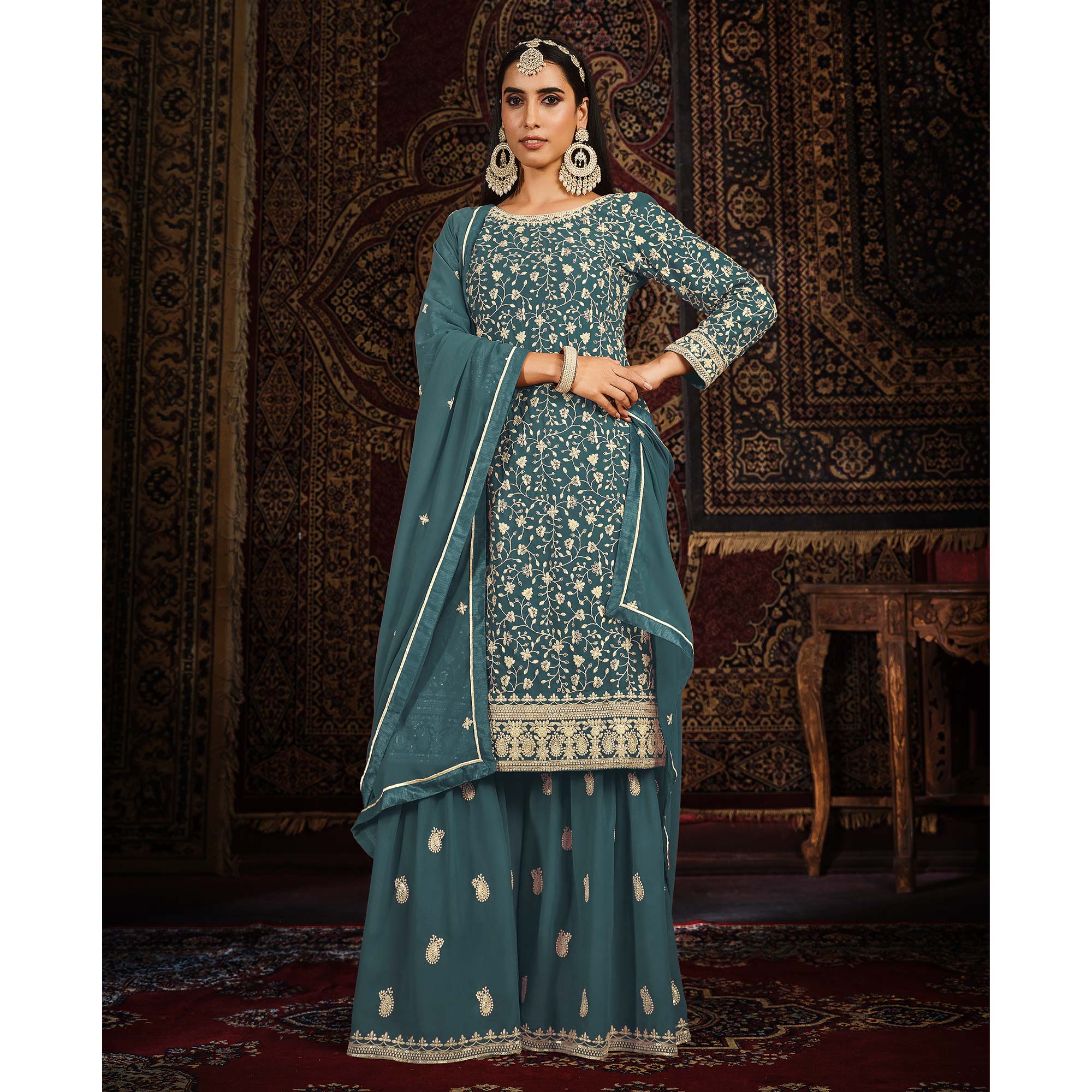 Teal Floral Embroidered Georgette Unstitched Suit