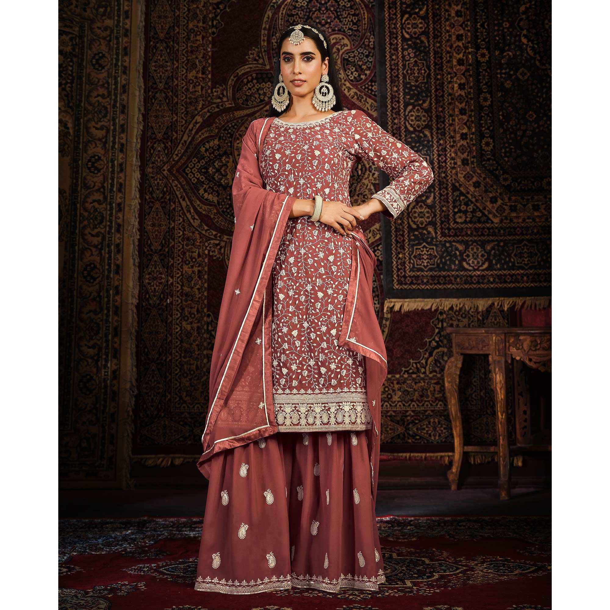 Rust Floral Embroidered Georgette Unstitched Suit