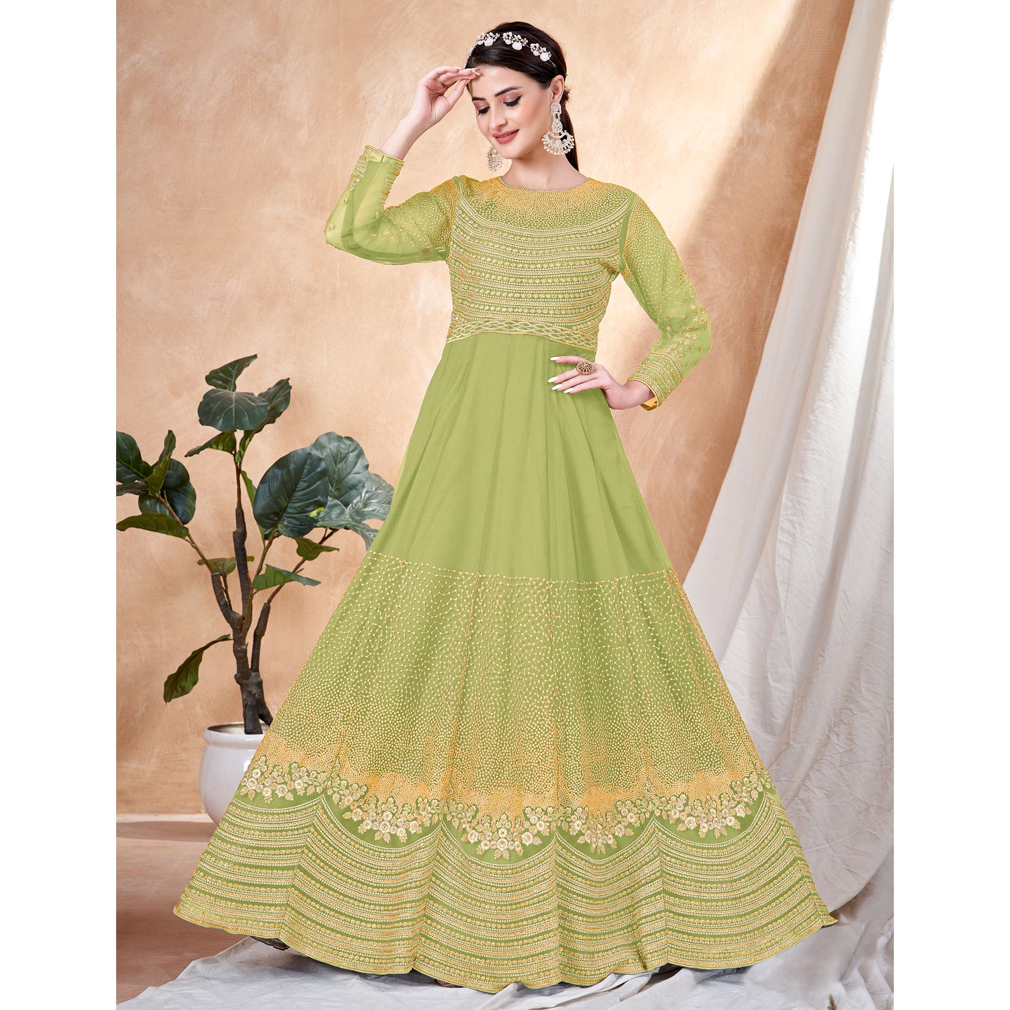 Green Floral Embroidered Net Semi Stitched Anarkali Suit