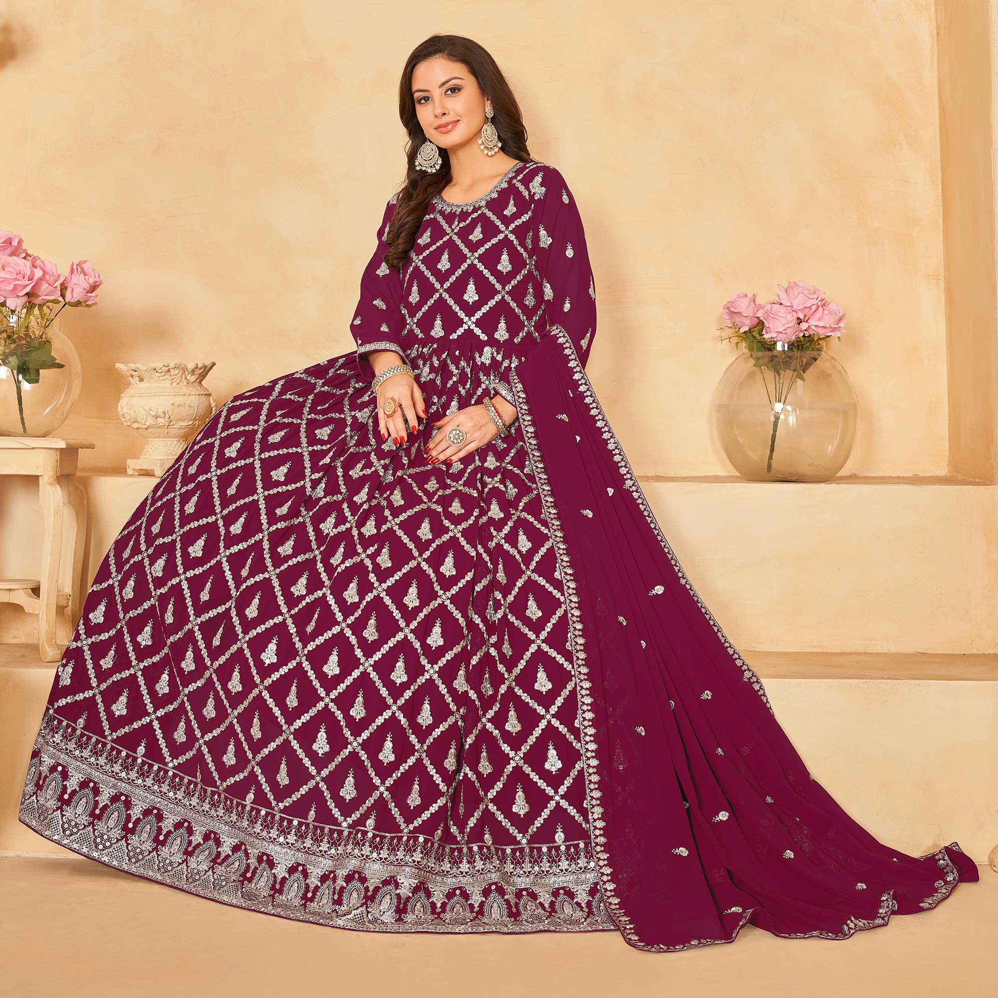 Dark Magenta Floral Embroidered Georgette Semi Stitched Anarkali Suit