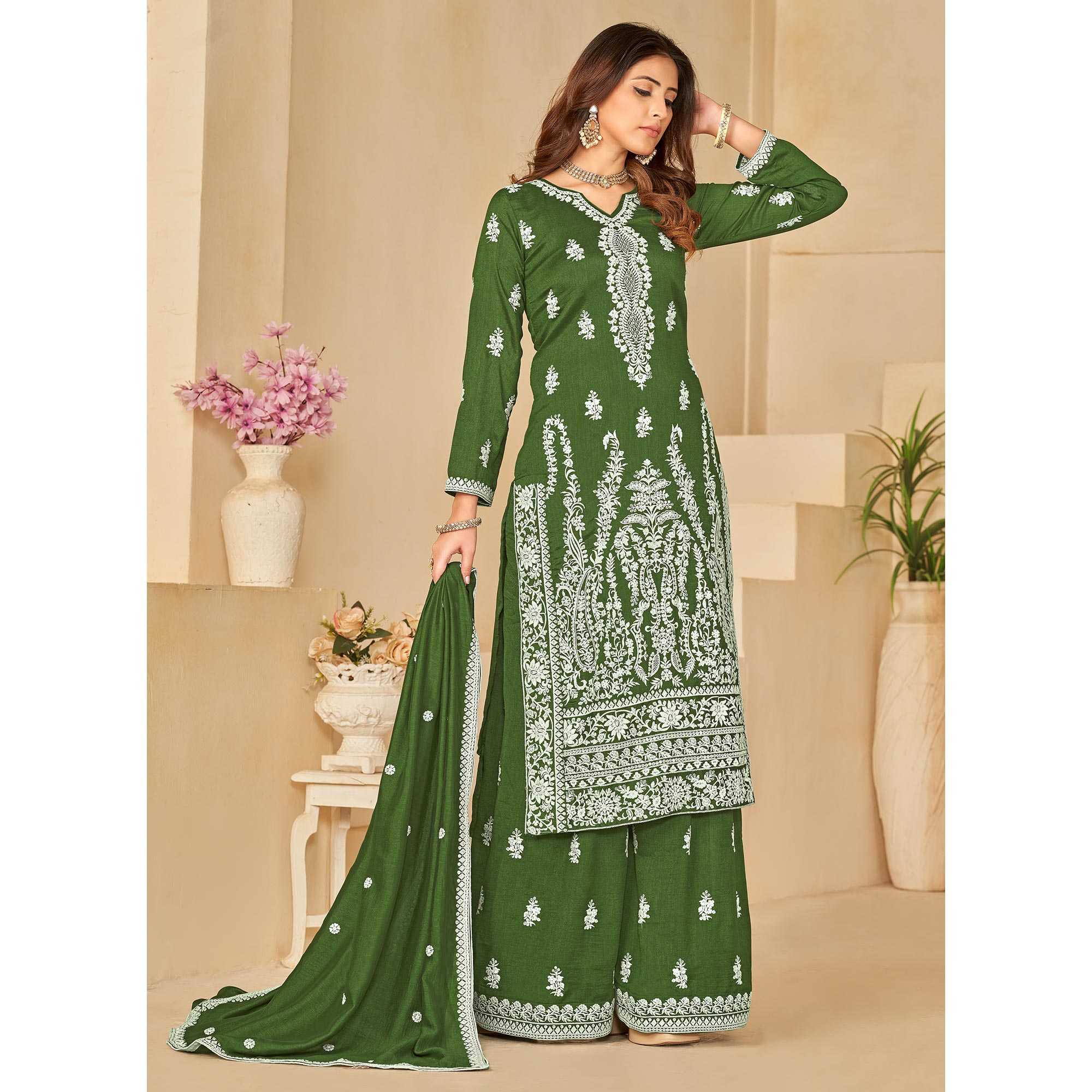 Green Floral Embroidered Art Silk Semi Stitched Palazzo Suit