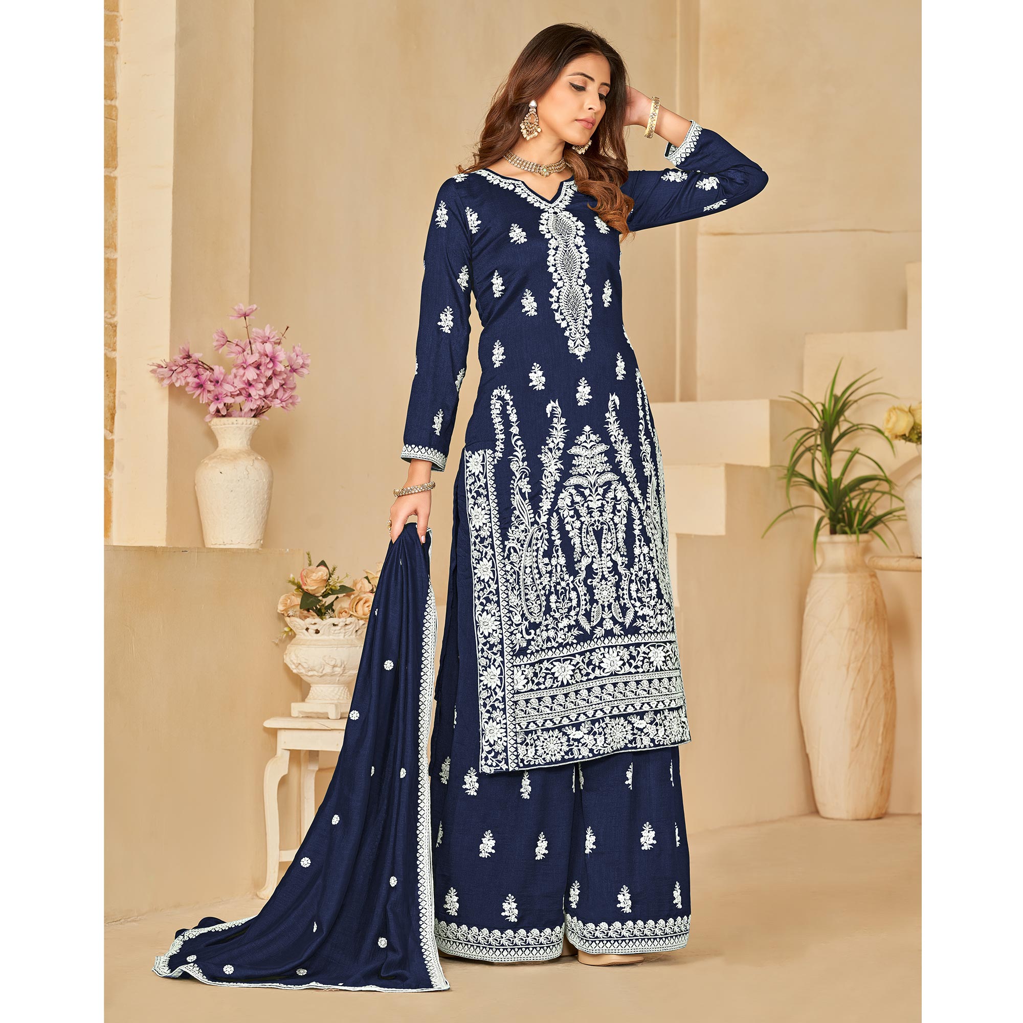 Blue Floral Embroidered Art Silk Semi Stitched Palazzo Suit