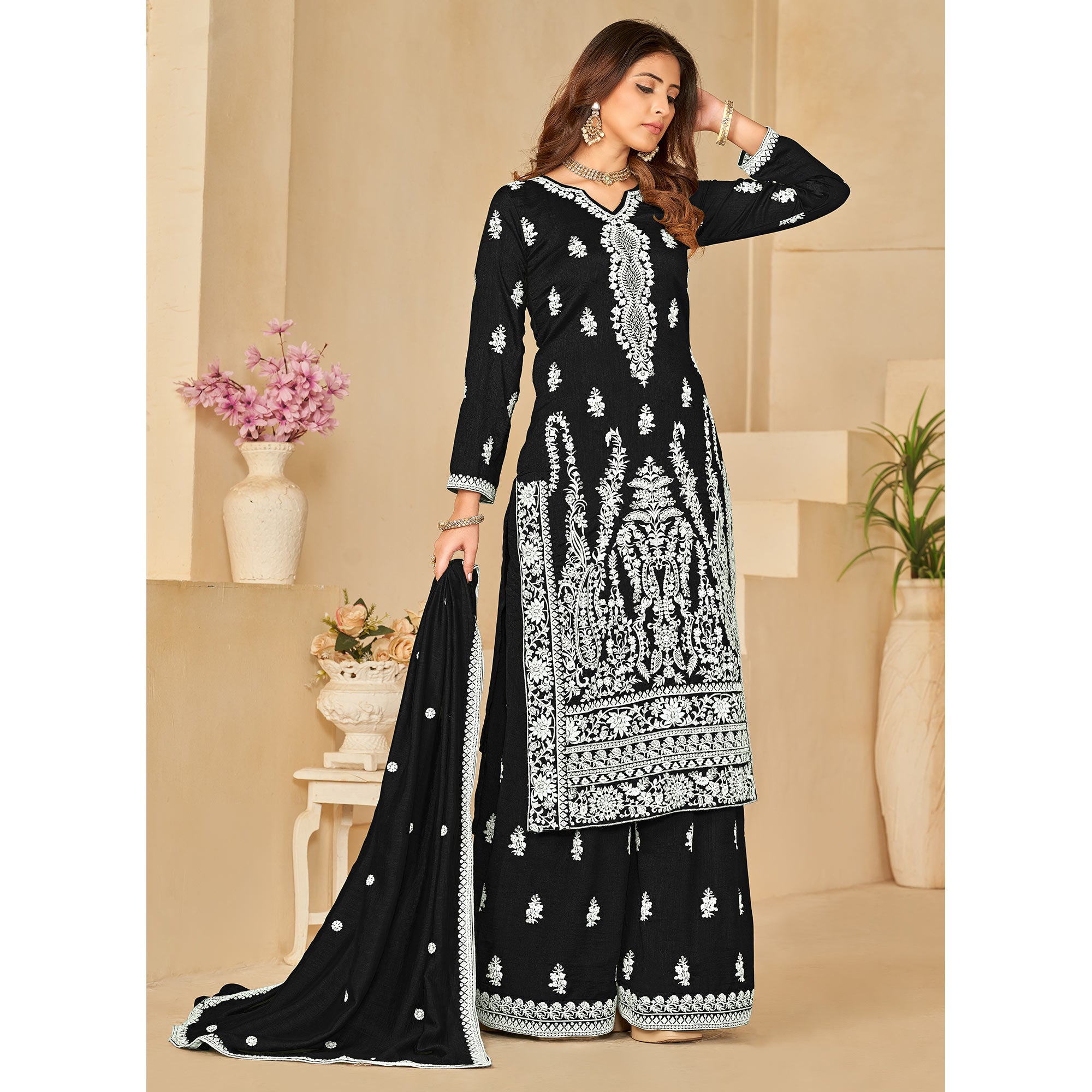 Black Floral Embroidered Art Silk Semi Stitched Palazzo Suit