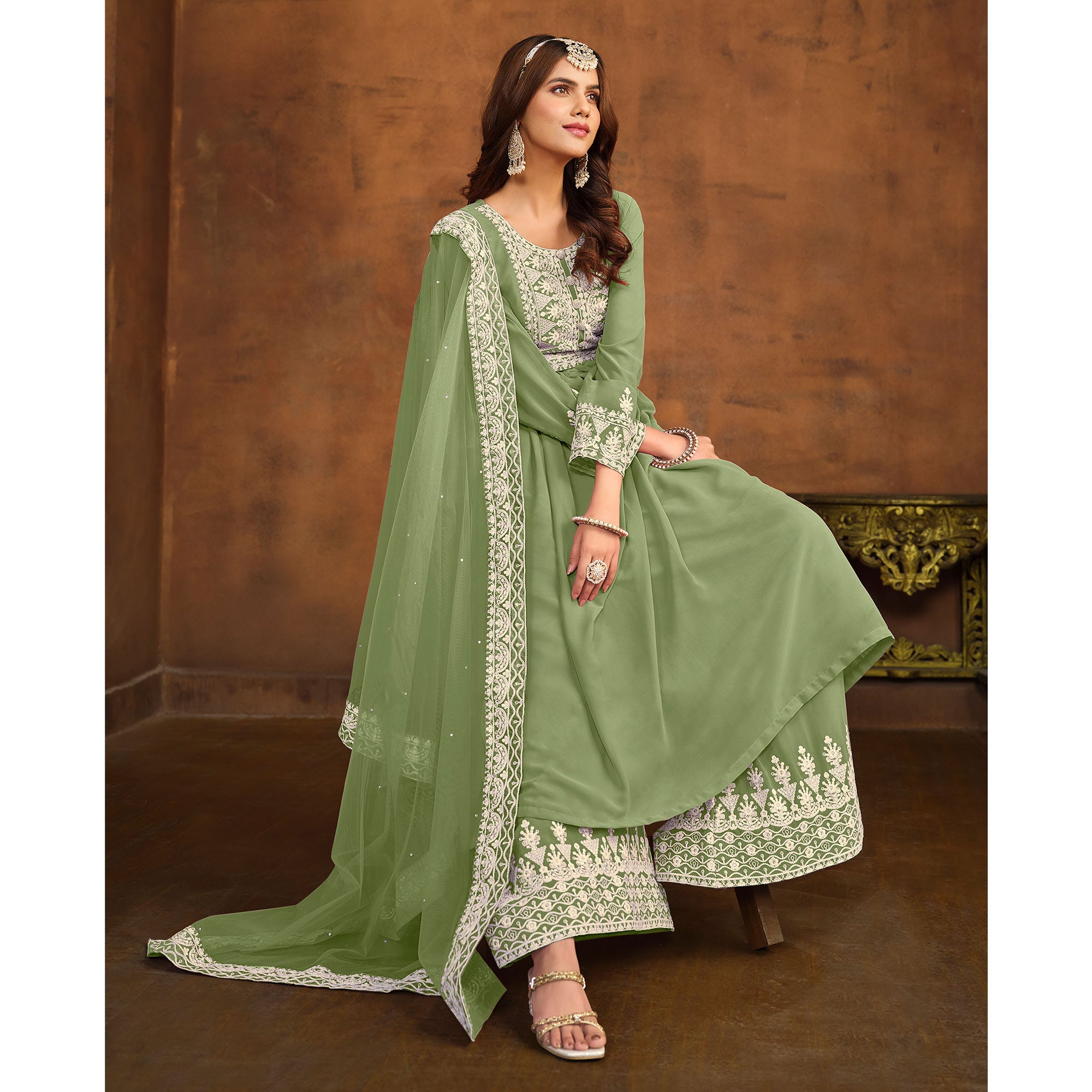 Pista Green Floral Embroidered Georgette Semi Stitched Palazzo Suit