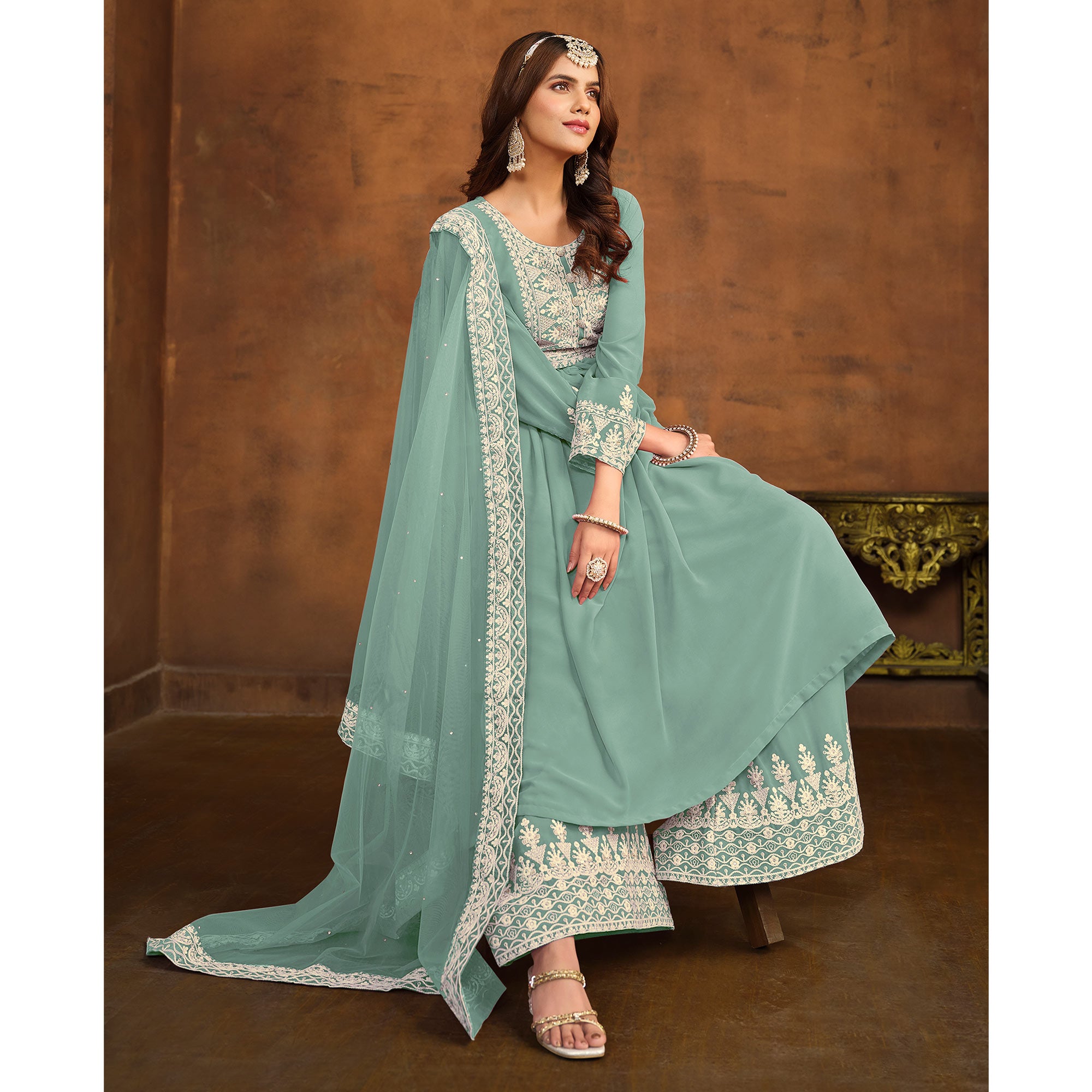 Blue Floral Embroidered Georgette Semi Stitched Palazzo Suit