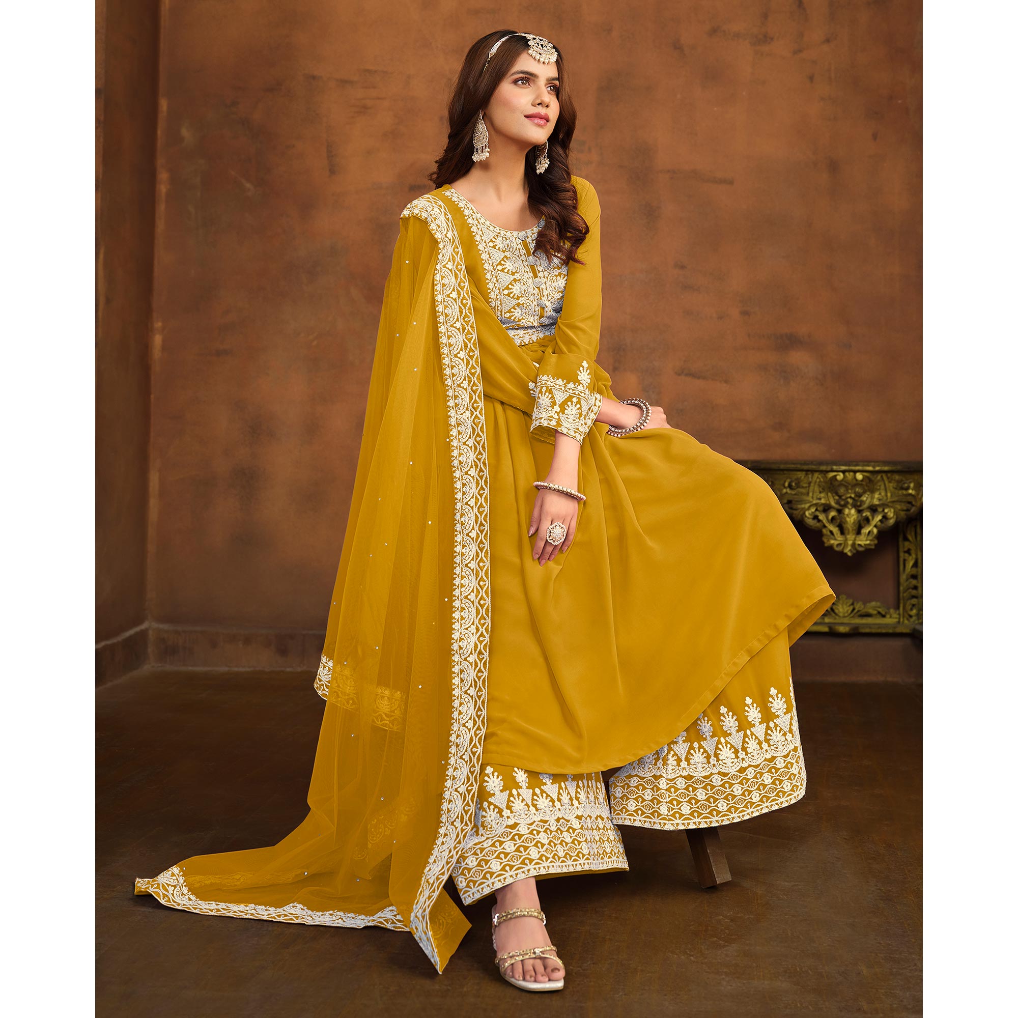Mustard Floral Embroidered Georgette Semi Stitched Palazzo Suit