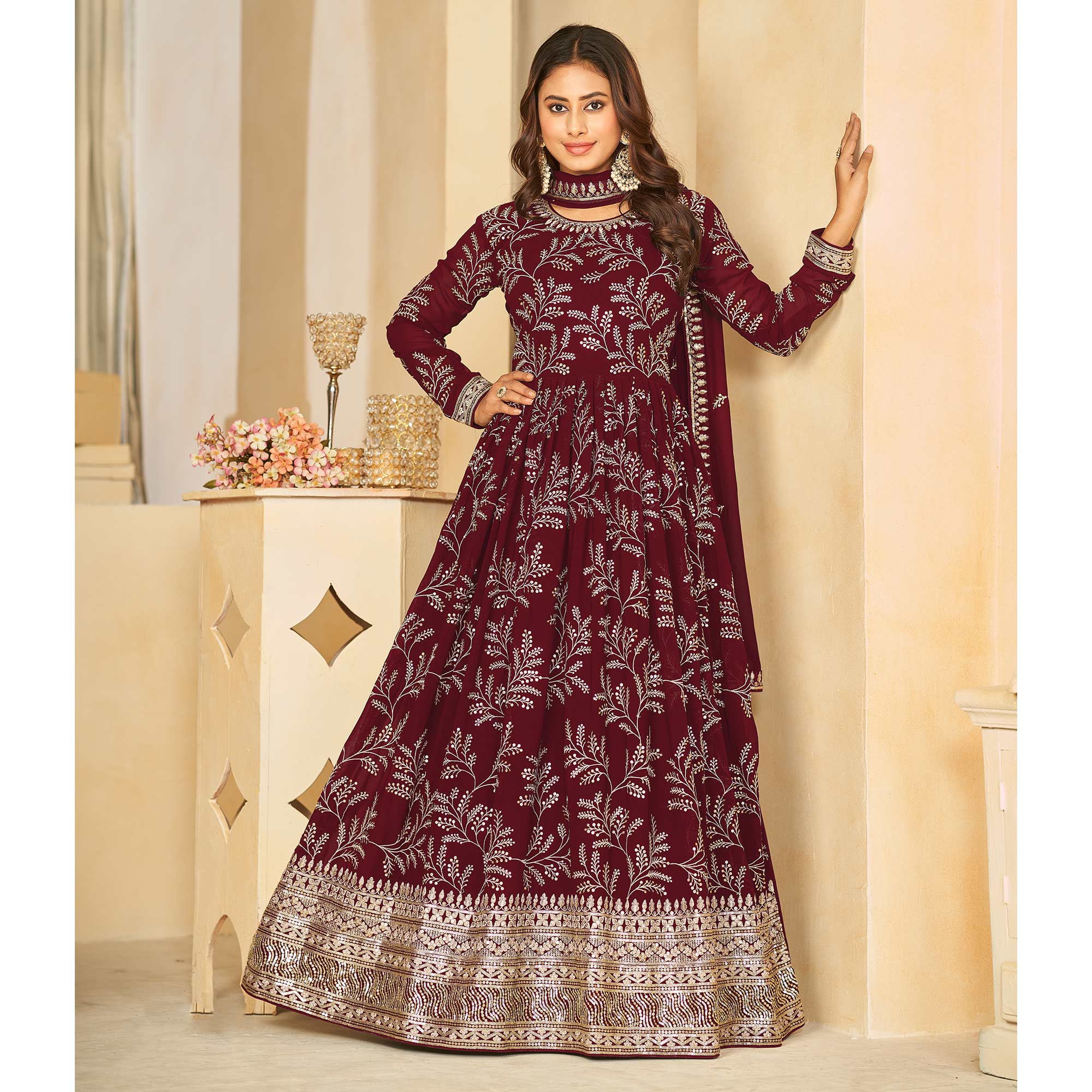 Maroon Sequins Embroidered Georgette Anarkali Style Semi Stitched Gown